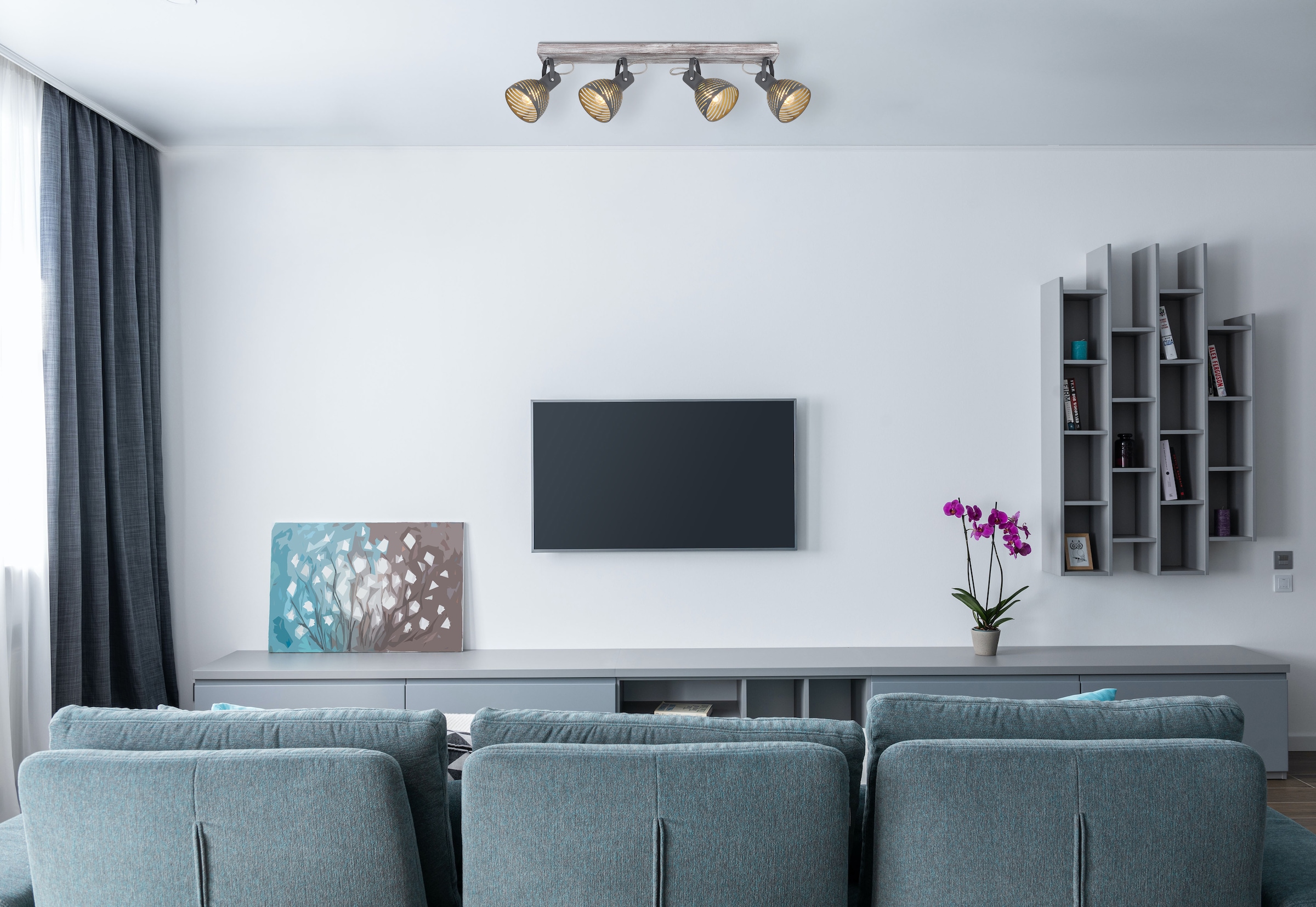 GLOBO LIGHTING Deckenspot »MORI« E27 1 Stk. Holz-Strahler antik weiß getüncht, Metall grau-blau, E27 4x40W