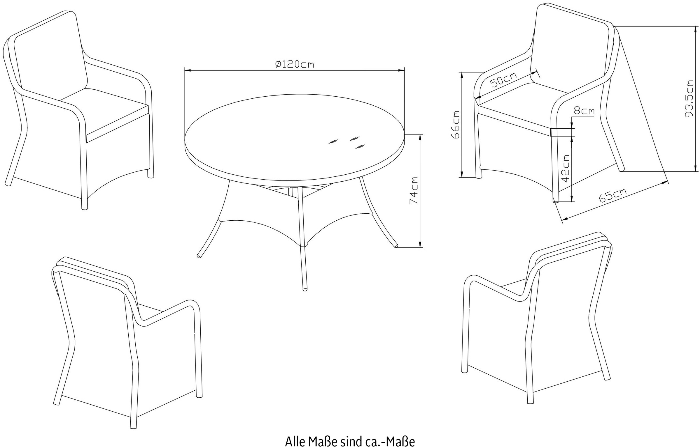 KONIFERA Garten-Essgruppe »Menorca« Set, 4x Sessel, 1x Tisch ØxH: 120x75cm, inkl. Auflagen, 13 Stk. tlg. Polyrattan, Aluminium, Tischplatte aus 5mm starkem Sicherheitsglas