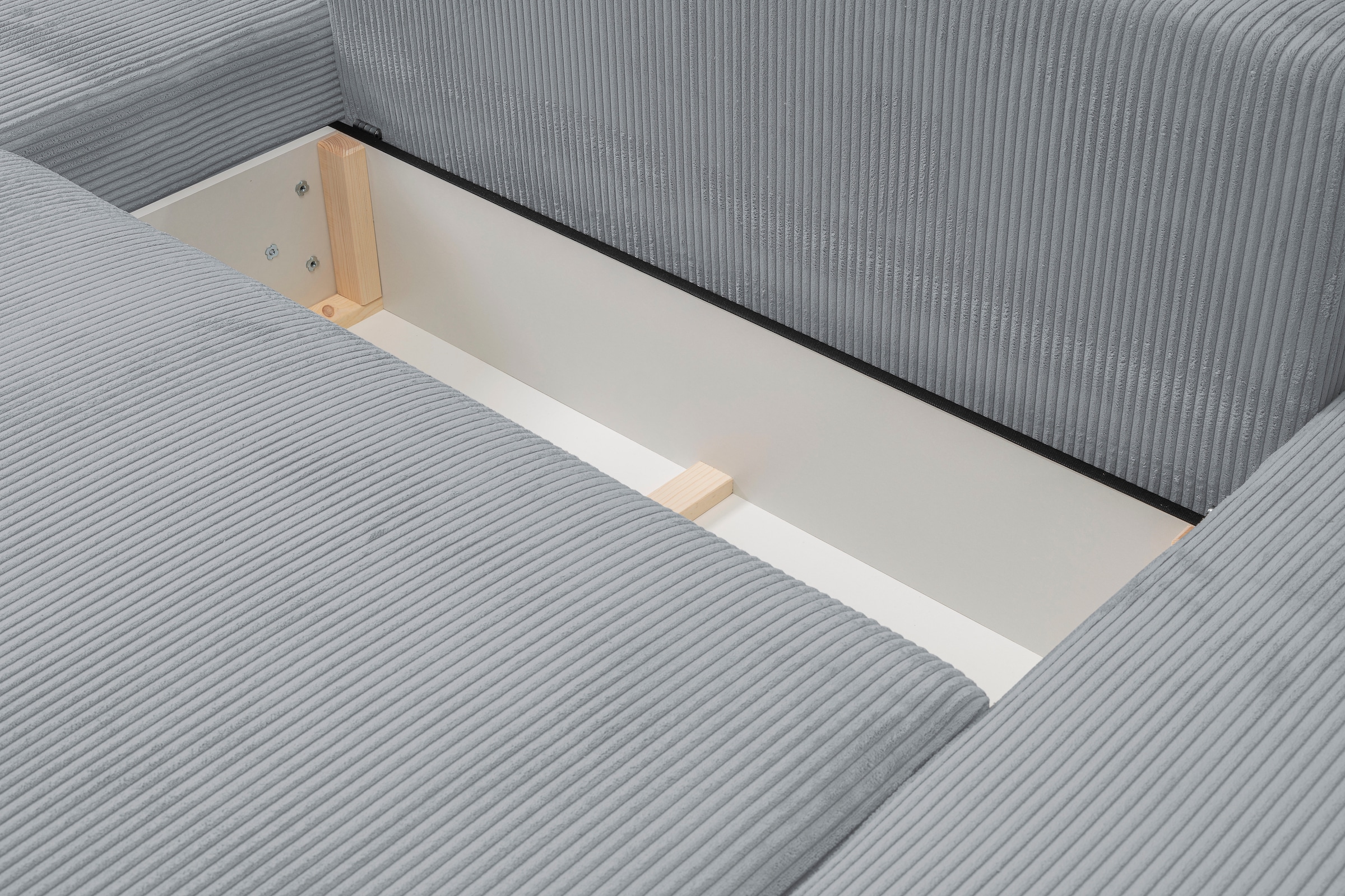 WERK2 Wohnlandschaft »Rotterdam-U, U-Form, in kuschelweichem Cord oder Breitcord«, Design Sofa mit Schlaffunktion & Bettkasten, Cord, Grau
