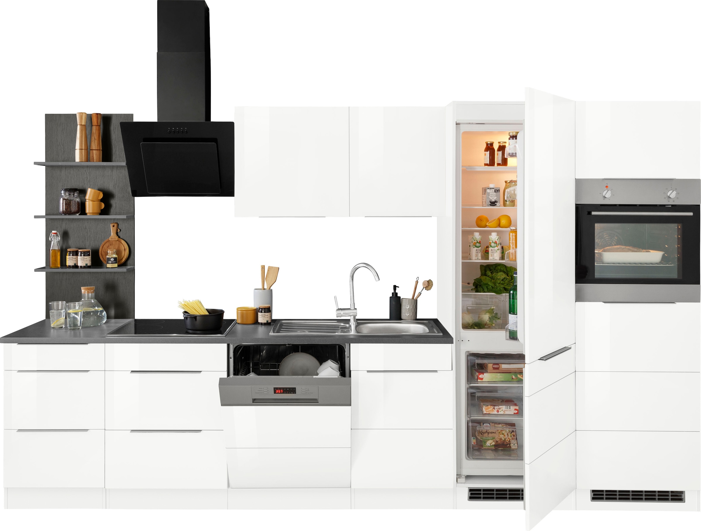 KOCHSTATION Küchenzeile »KS-Brindisi Breite 340 cm« wahlweise mit E-Geräten und Induktion, mit MDF-Fronten und Regal
