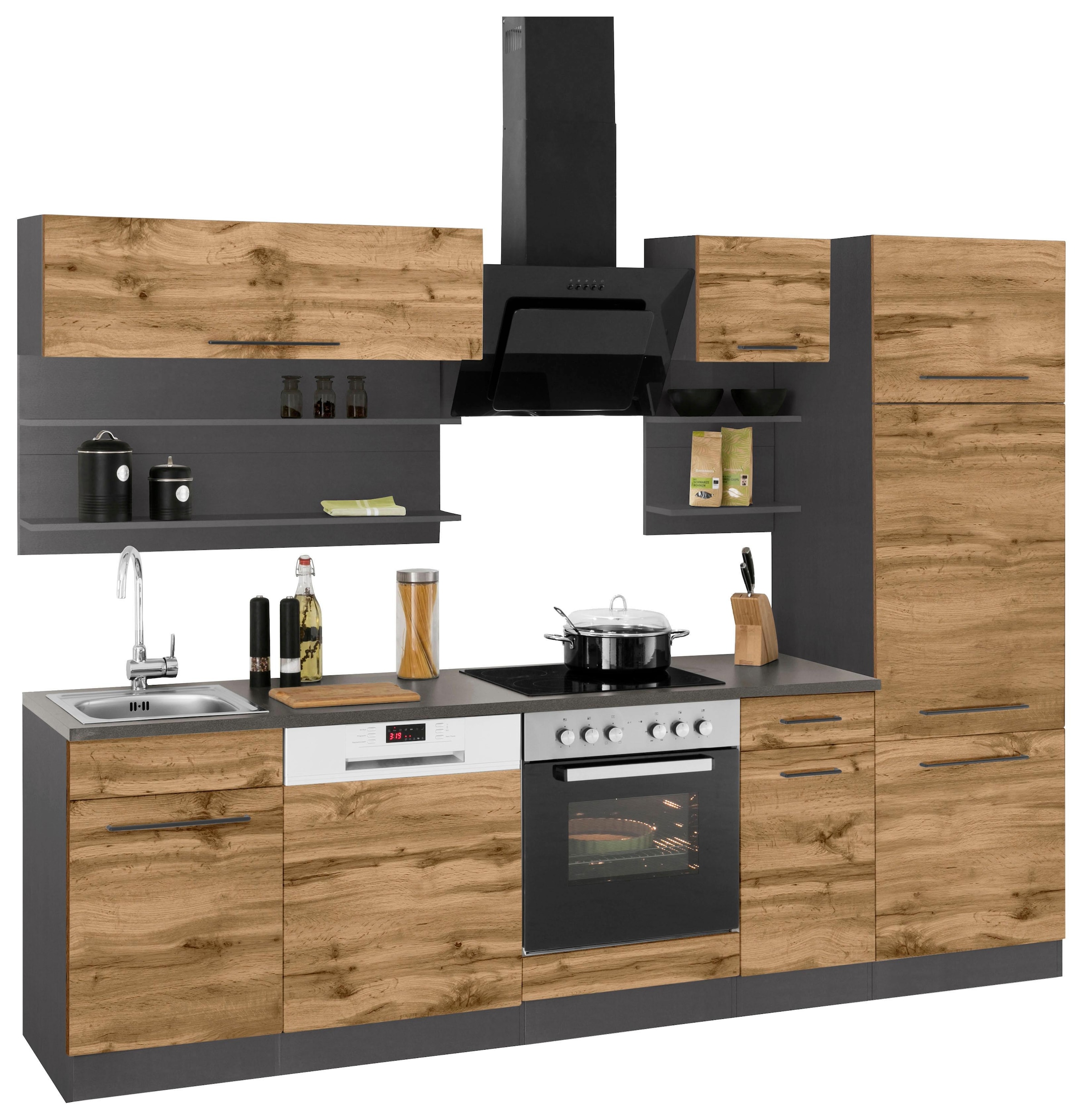 KOCHSTATION Küchenzeile »KS-Tulsa« ohne E-Geräte, Breite 270 cm, schwarze Metallgriffe, MDF Fronten