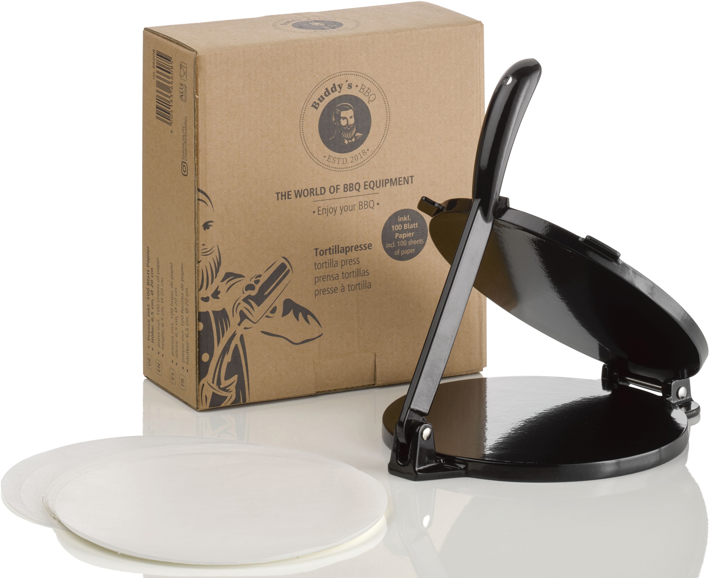 Buddys Kartoffelpresse "Buddy´s BBQ" mit 100 Blatt Papier, Ø 20 cm