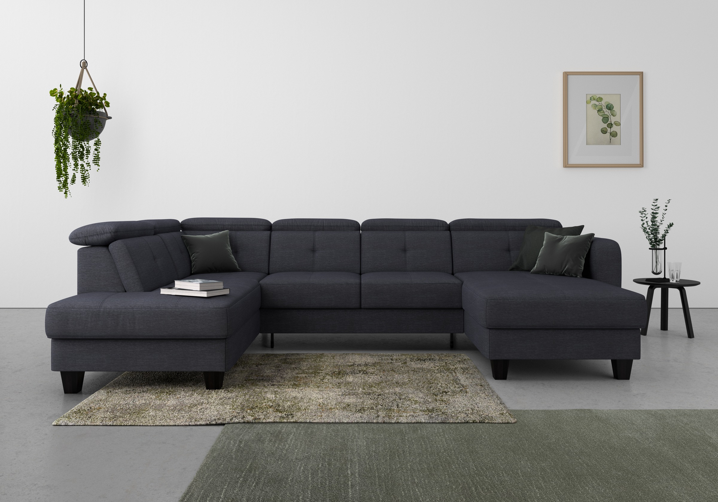 Wohnlandschaft SIT & MORE "Belluci U-Form", blau (tiefblau), B:321cm H:85cm T:195cm, Sofas, Wohnlandschaft, Kopfteilverstellung und Federkern, wahlweise mit Bettfunktion