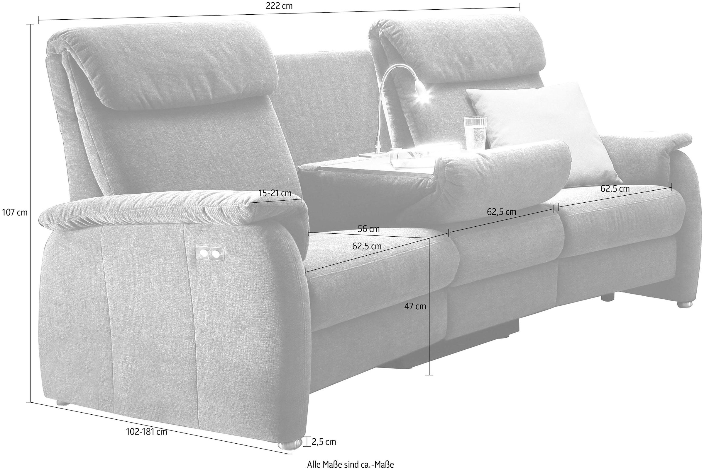 Home affaire Sofa »Turin«, mit motorischer Relaxfunktion, Tisch, Leuchte + USB-Ladestation