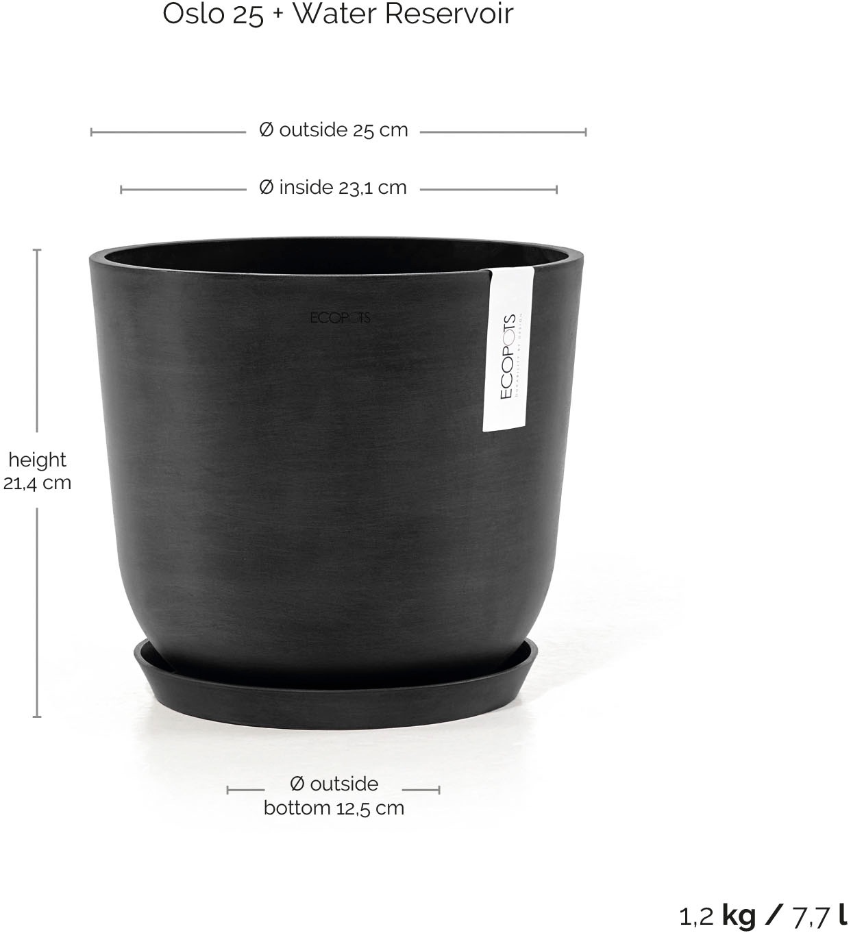 ECOPOTS Blumentopf »Oslo 25 + Wassersystem Dunkelgrau« für innen und außen: frostsicher, bruchsicher und lichtbeständig