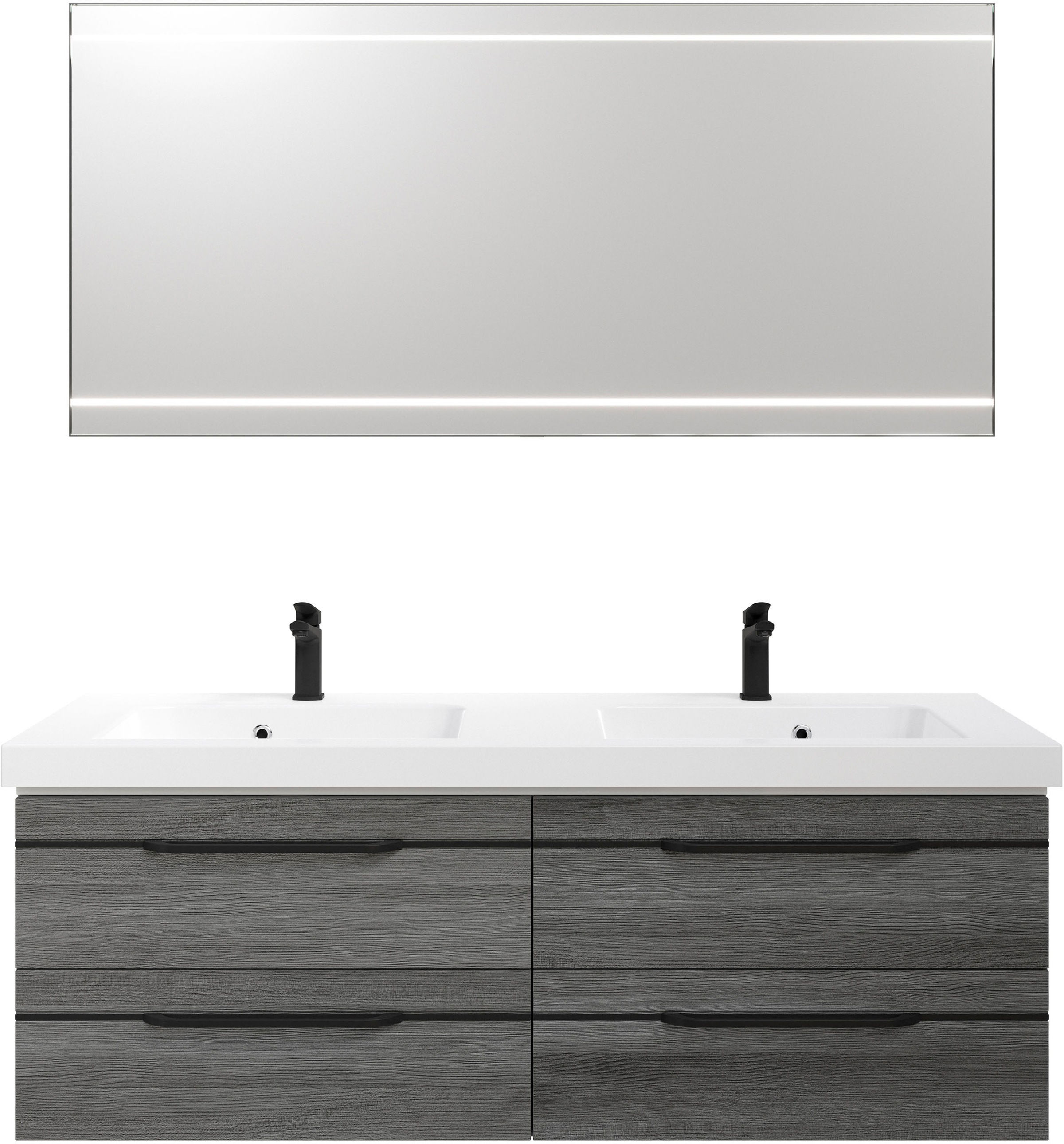 Saphir Badmöbel-Set »Balto 2-teilig Mineralmarmor-Doppelwaschtisch mit LED-Spiegel«, (2 St.), Waschplatz 150 cm breit, 4 Schubladen, inkl. Schubladendämpfer