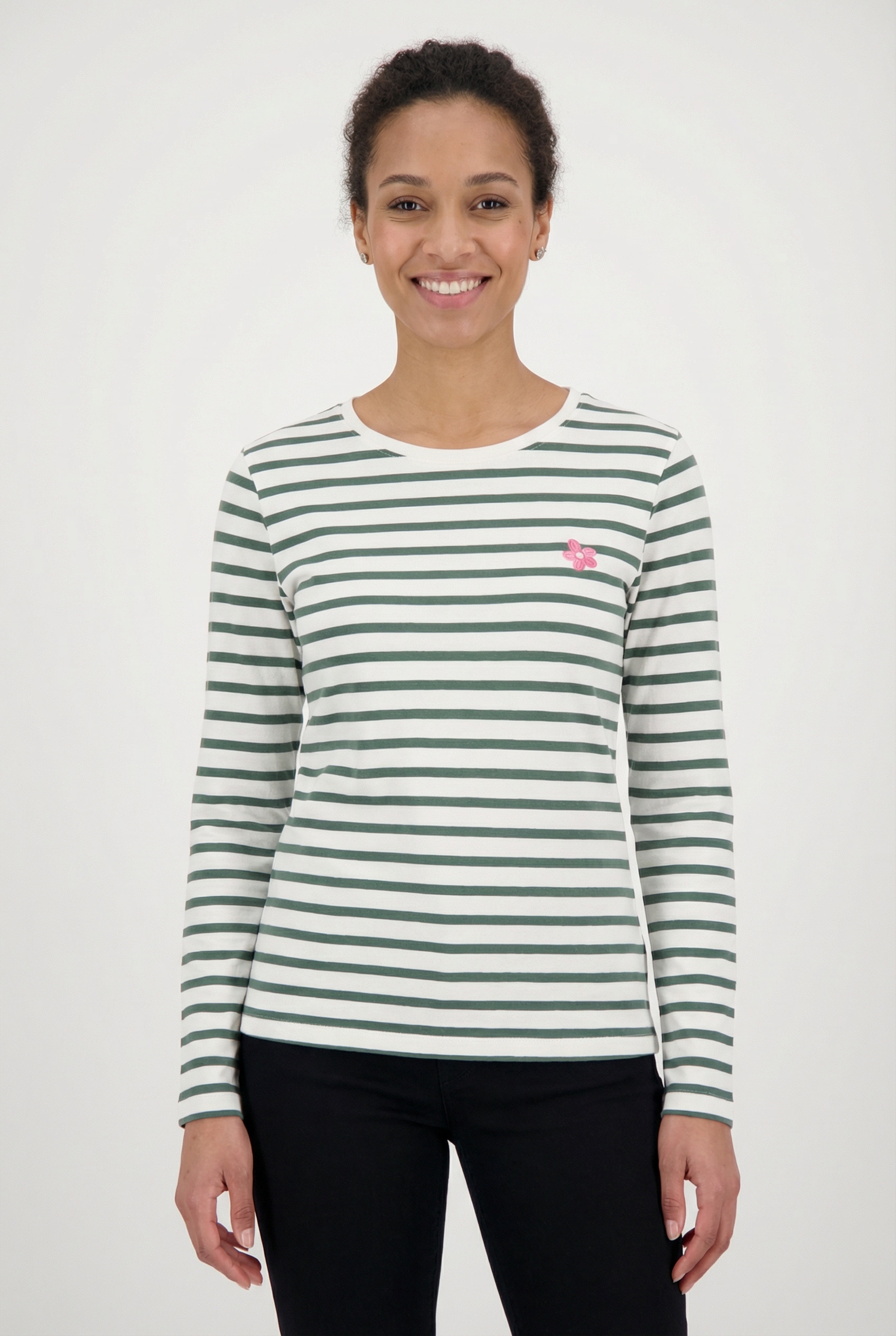 Langarmshirt FREEQUENT "FQFAMILA-TEE", Damen, Gr. XL, star off, weiß with schwarz forest, Jersey, Obermaterial: 100% Baumwolle, bestickt, geringelt, gestreift, normal hüftbedeckend, Rundhals, Shirts Langarmshirt, im Streifen-Design