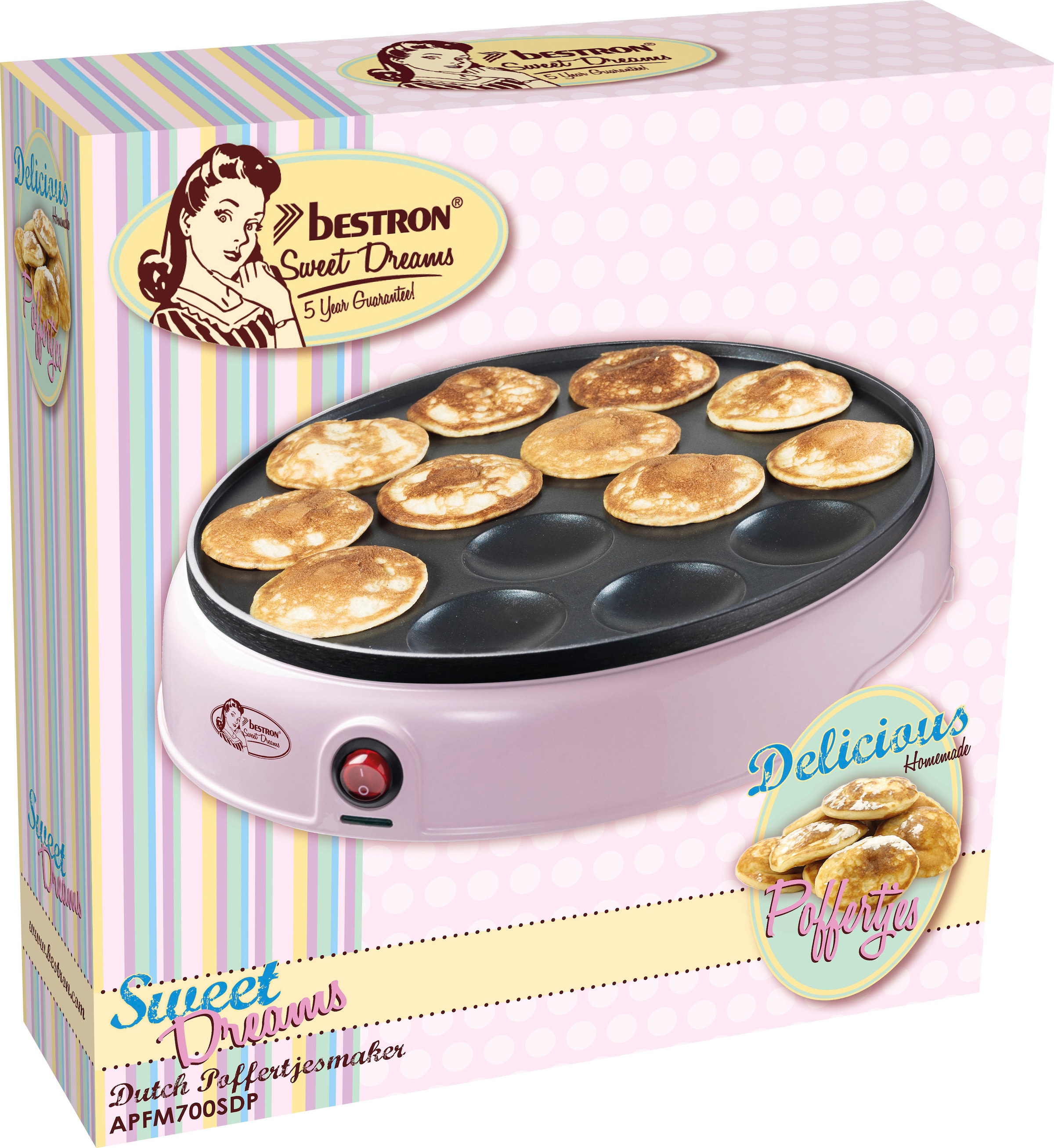 bestron Poffertjes-Maker »APFM700SDP«, 800 W, Retro Design, Mini Pfannkuchen Automat, mit Antihaftbeschichtung