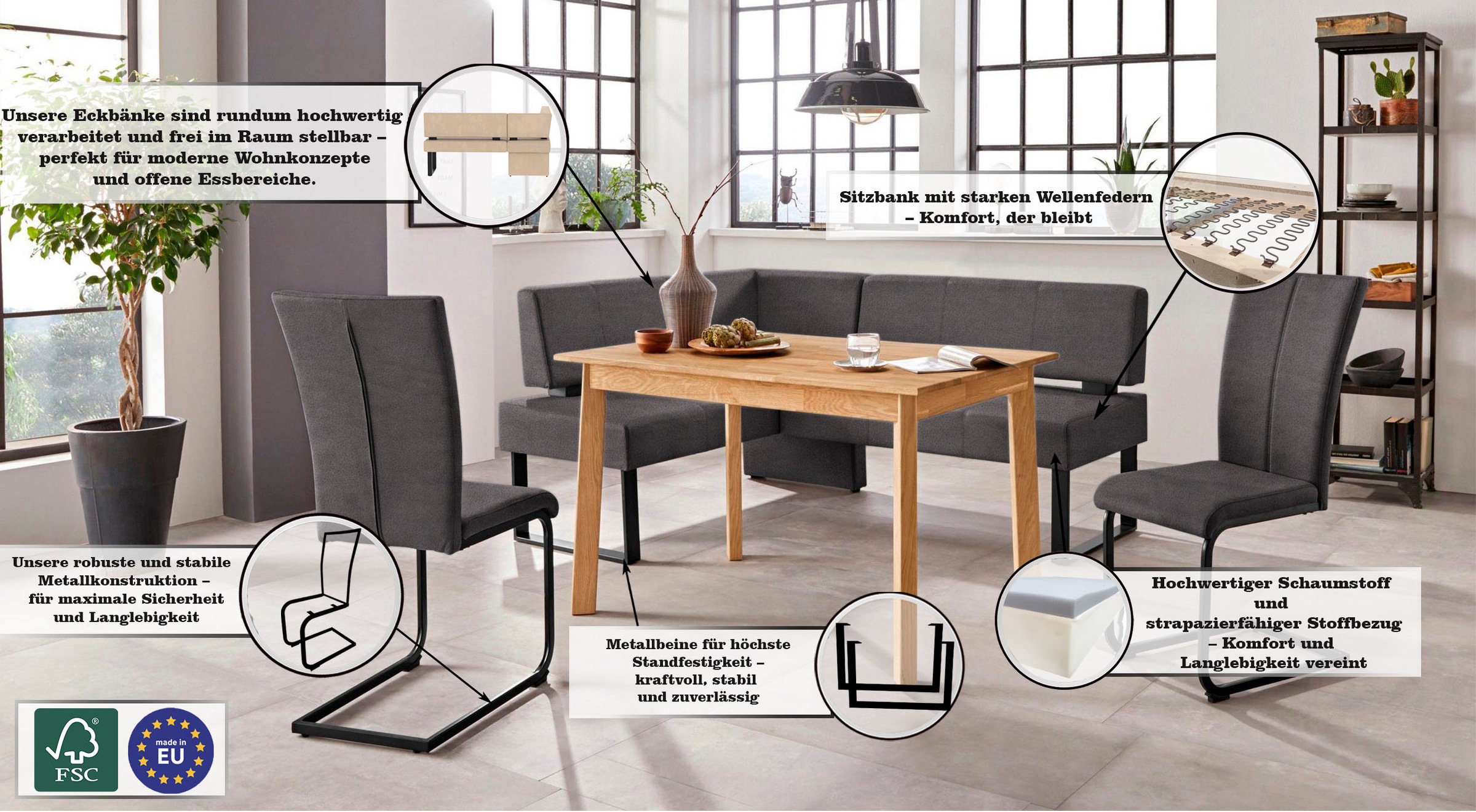Eckbank OTTO HOME "Oliver mit Metallgestell, Küchenbank", schwarz (schwarz (arizona 4420), schwarz), B:180cm H:89cm T:140cm, Holzwerkstoff, Massivholz, Polyester, Sitzbänke, Eckbank, verschiedene Bezüge Cord Esszimmerbank OTTOs Choice 3