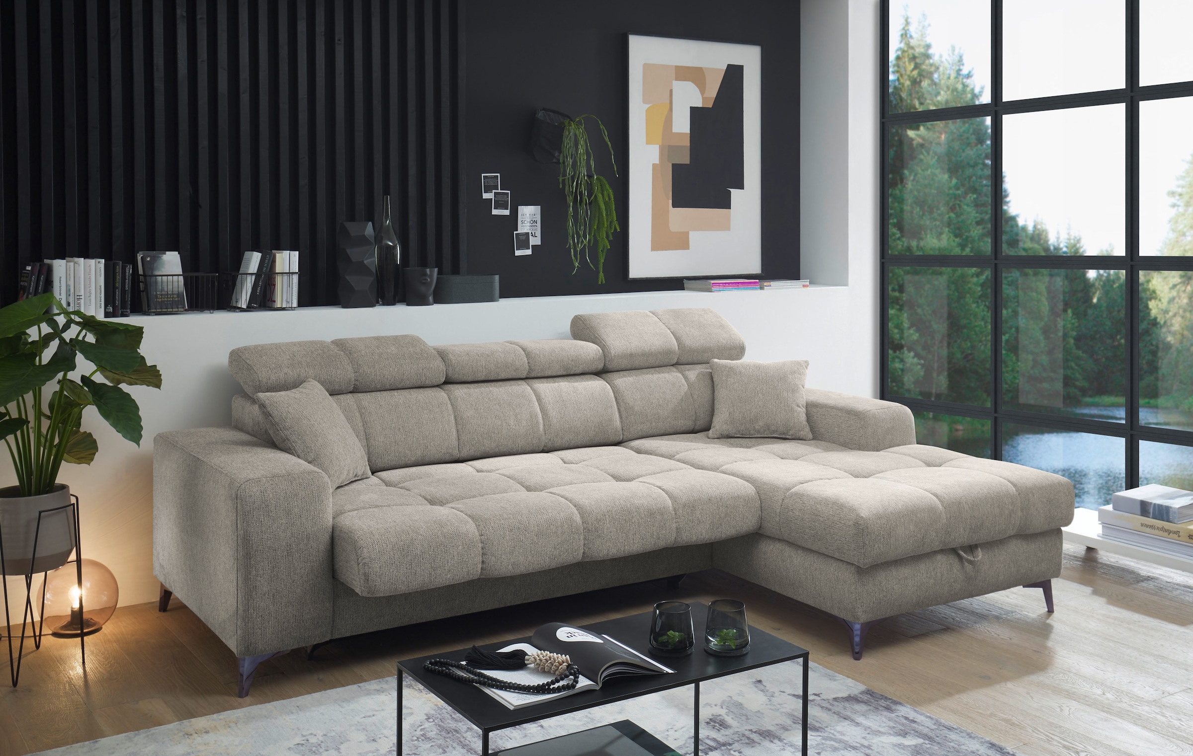 ED EXCITING DESIGN Ecksofa »Sydney L-Form mit Bettfunktion, Bettkasten, Kopfteilverstellung«, motorischer Sitztiefenverstellung, USB-Port & 2 Zierkissen