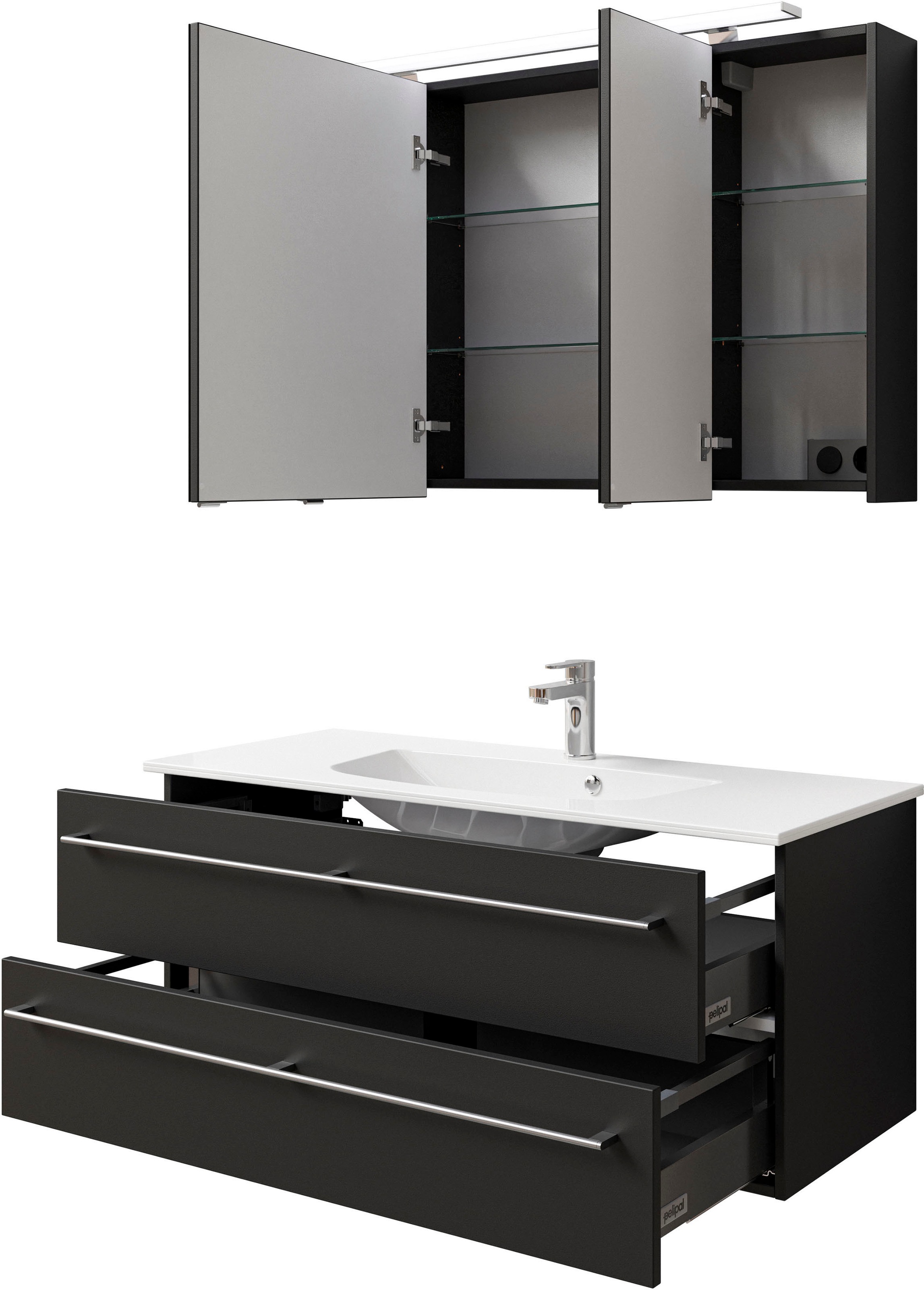 Saphir Badmöbel-Set »Serie 6025 2-teilig Mineralmarmor-Waschtisch mit LED-Spiegelschrank«, (2 St.), Waschplatz 117cm breit, 2 Schubladen, 3 Spiegel-Türen, inkl Türdämpfer
