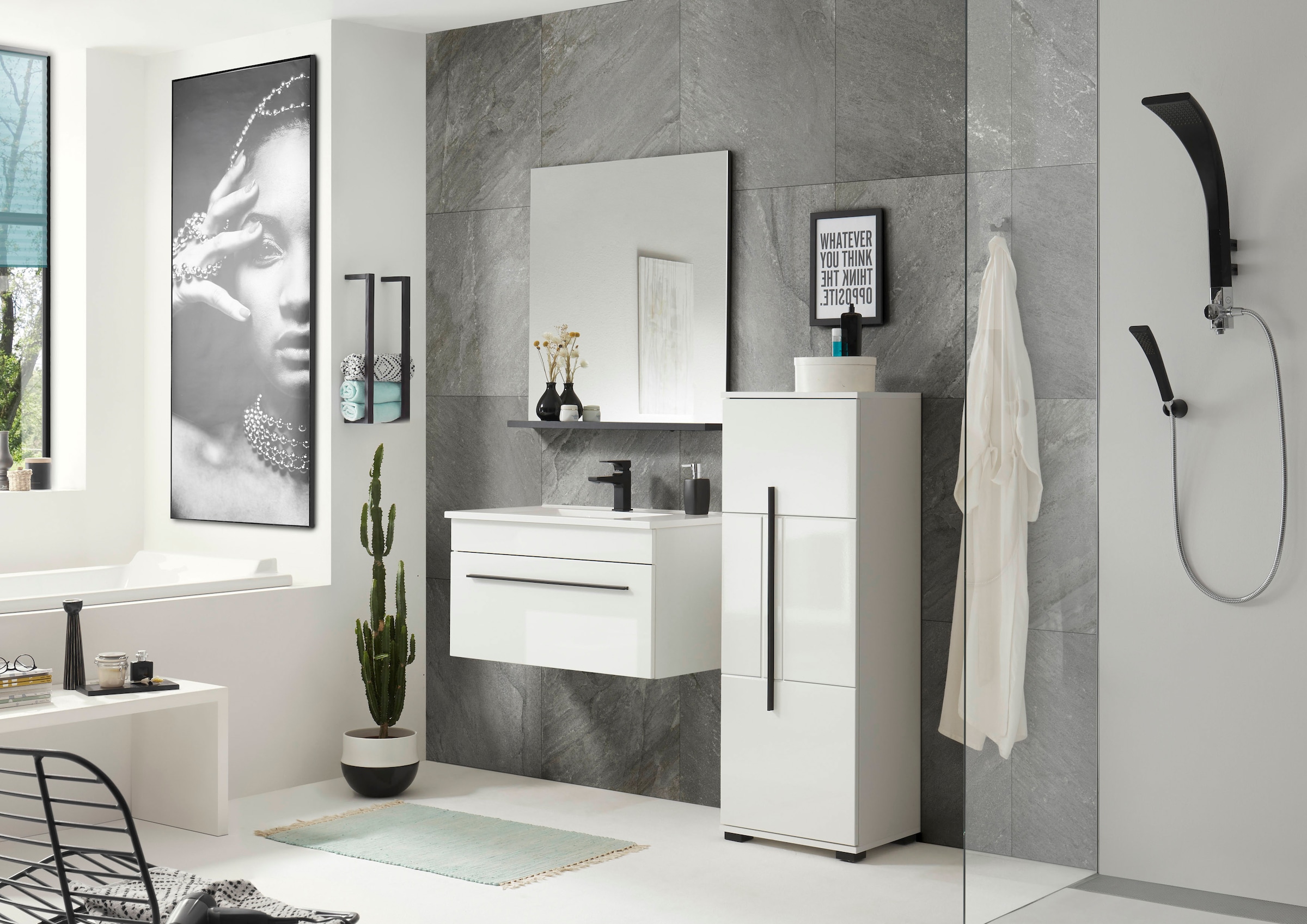 INOSIGN Midischrank »Cantara, Badschrank in Hochglanz Weiß, Schrank im modernen Design«, mit schwarzen Griffen, ausreichend Stauraum