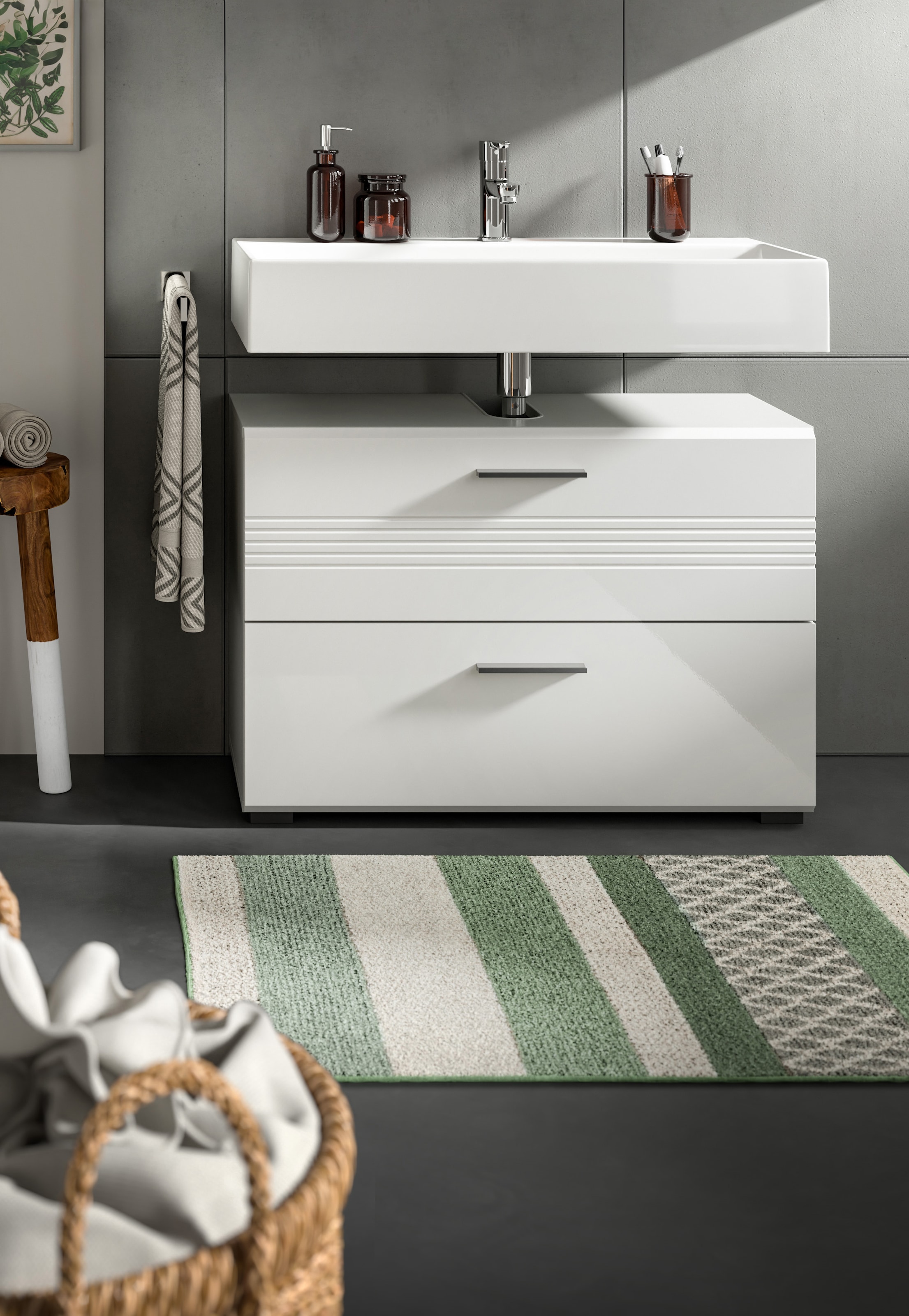 welltime Waschbeckenunterschrank »Calcio, Breite 80 cm, 2 Schubkästen, davon einer geteilt,«, MDF Front, Badschrank, Bad-Möbel, Badezimmer
