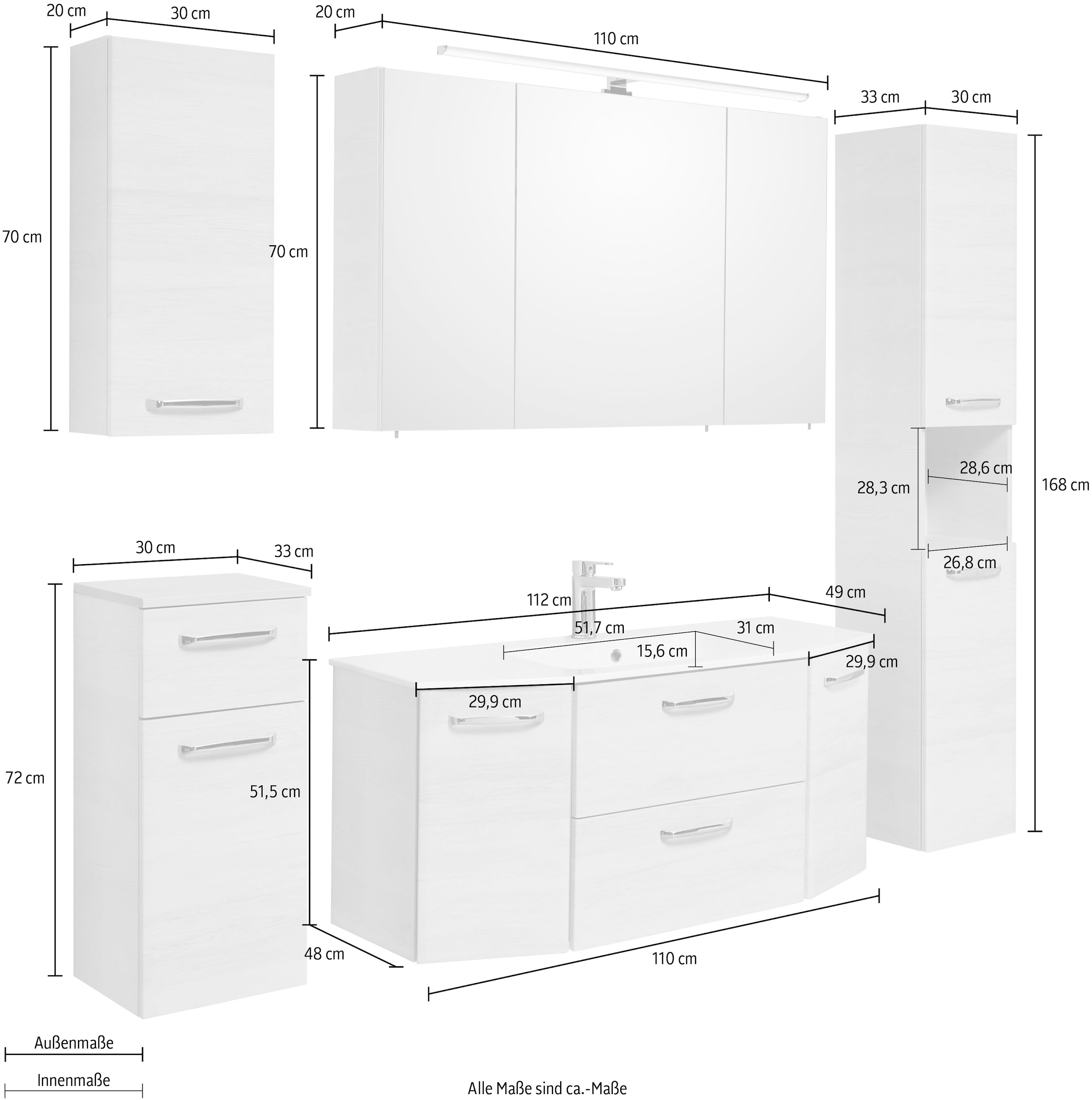 Saphir Badmöbel-Set »Quickset 936 5-teilig, Glas-Waschtisch mit LED-Spiegelschrank«, (Set, 5 St.), Waschplatz, inkl. Türdämpfer, 9 Türen, 1 Klappe, Griffe Chrom Glanz