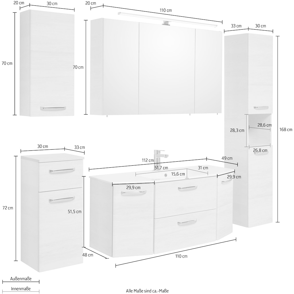 Saphir Badmöbel-Set »Quickset 936 5-teilig, Glas-Waschtisch mit LED-Spiegelschrank«, (Set, 5 St.)