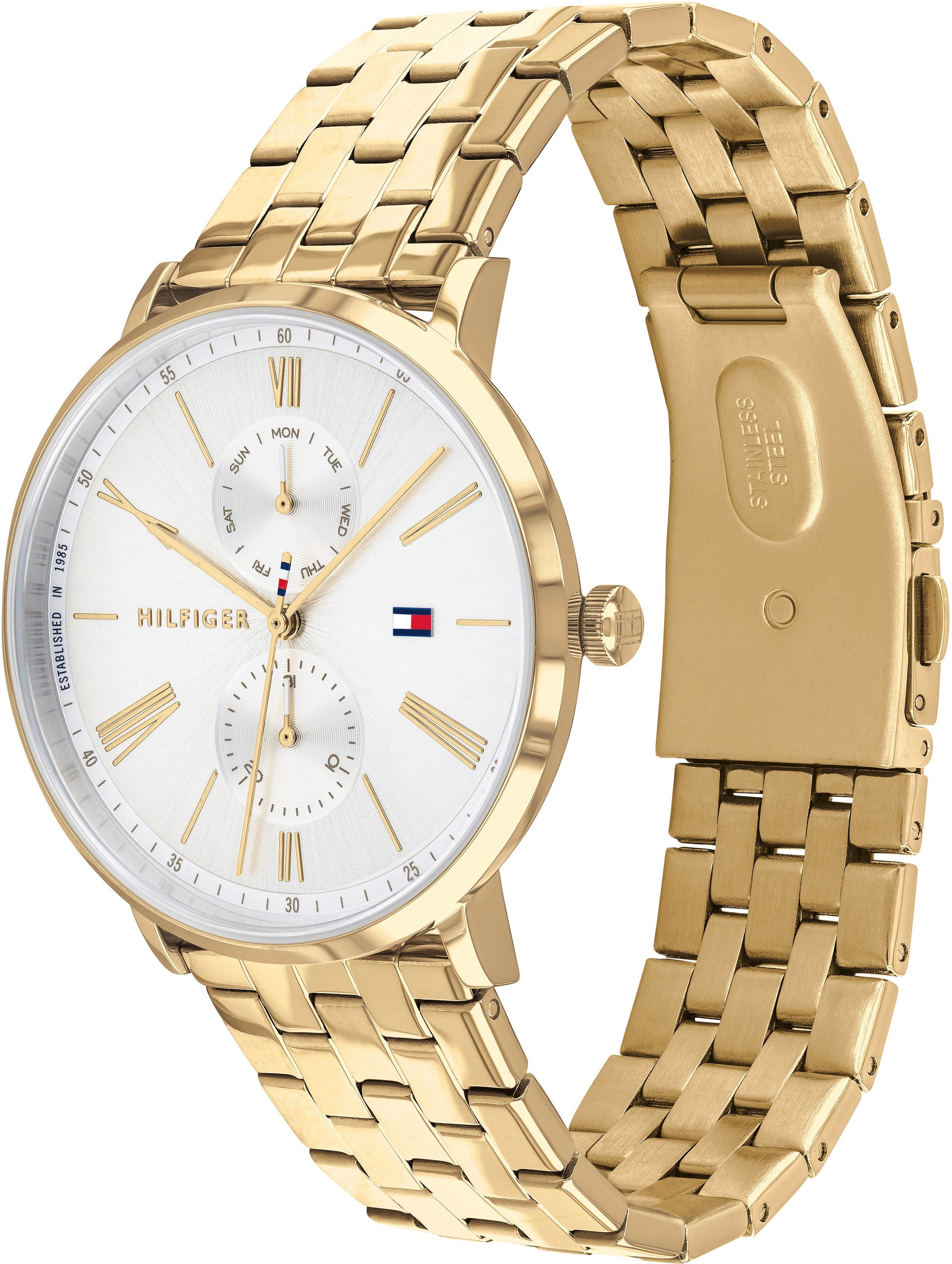 Tommy Hilfiger Multifunktionsuhr »DRESSED UP«, Quarzuhr, Armbanduhr, Damenuhr, Herrenuhr, Datum, Edelstahlarmband