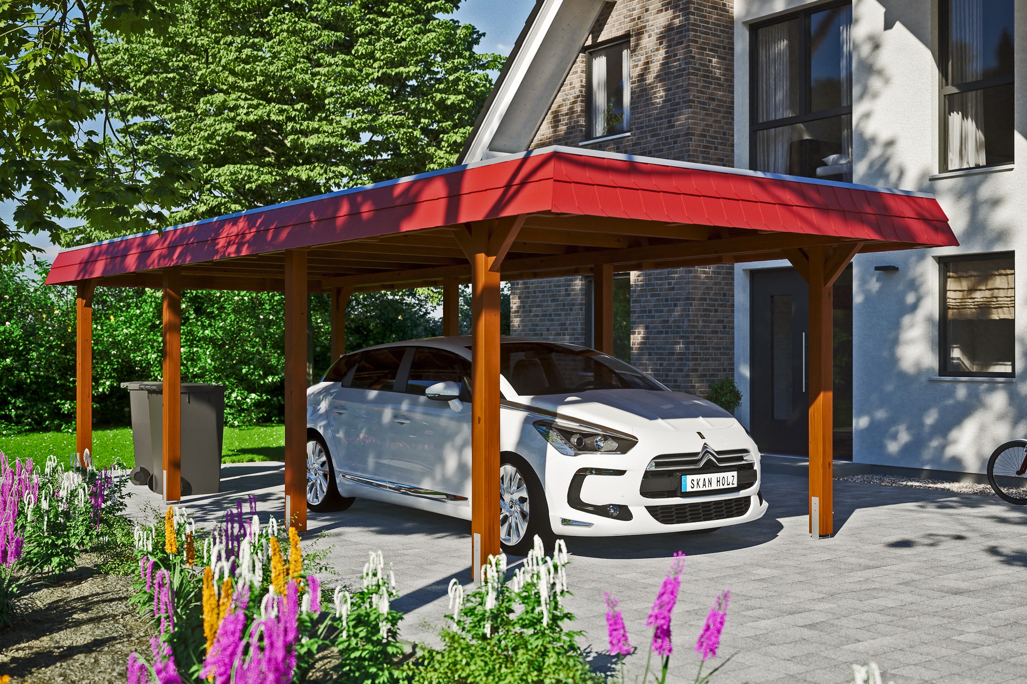 Skanholz Einzelcarport »Wendland«, 291 cm, Nussbaum, mit Aluminiumdach, rote Blende