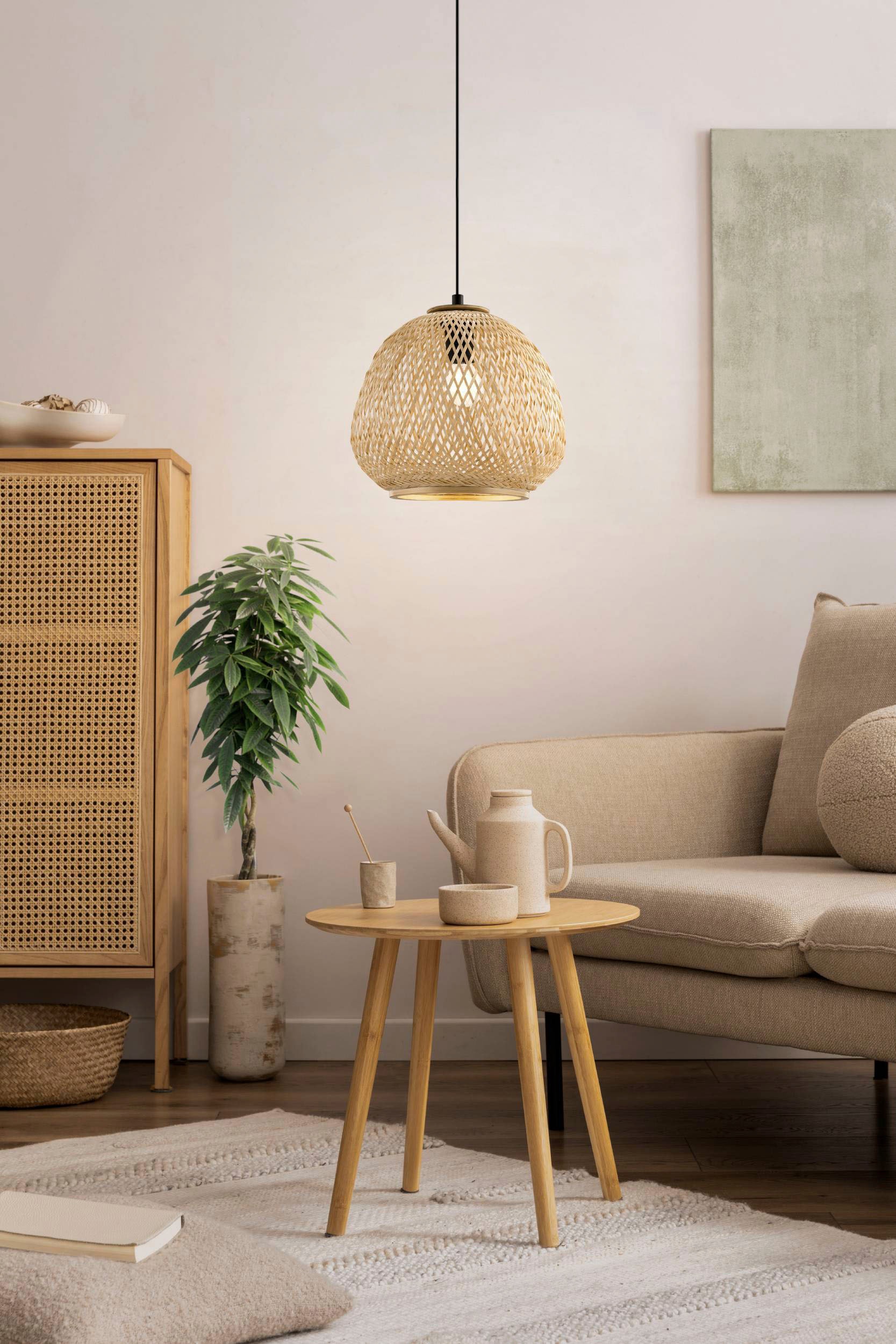EGLO Hängeleuchte »Dembleby«, 1 flammig, Leuchtmittel E27 | ohne Leuchtmittel, Hängelampe Vintage, Natur, Hygge, Holzgeflecht, E27, Ø 32 cm