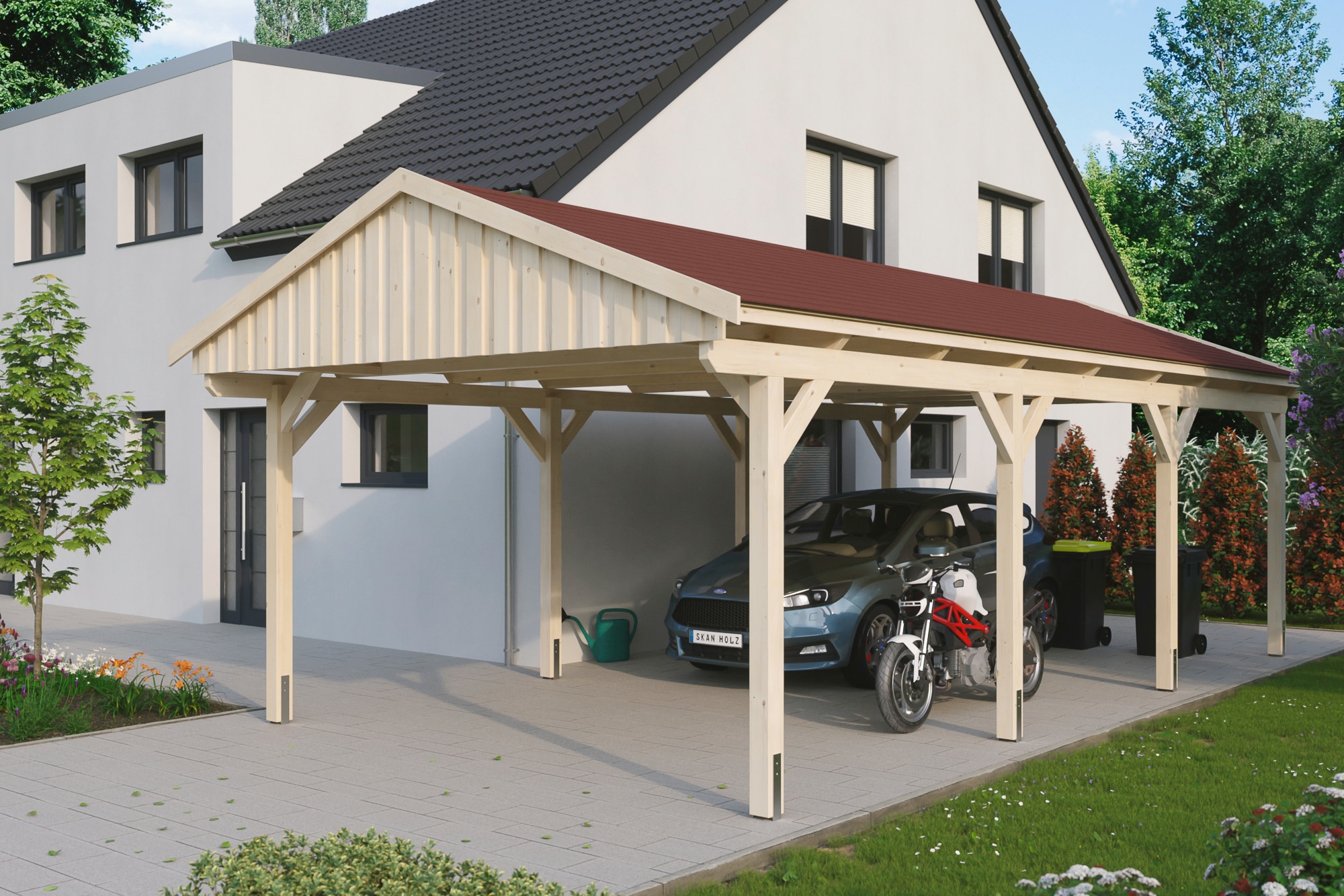 Skanholz Einzelcarport "Fichtelberg" Leimholz natur mit roten Schindeln