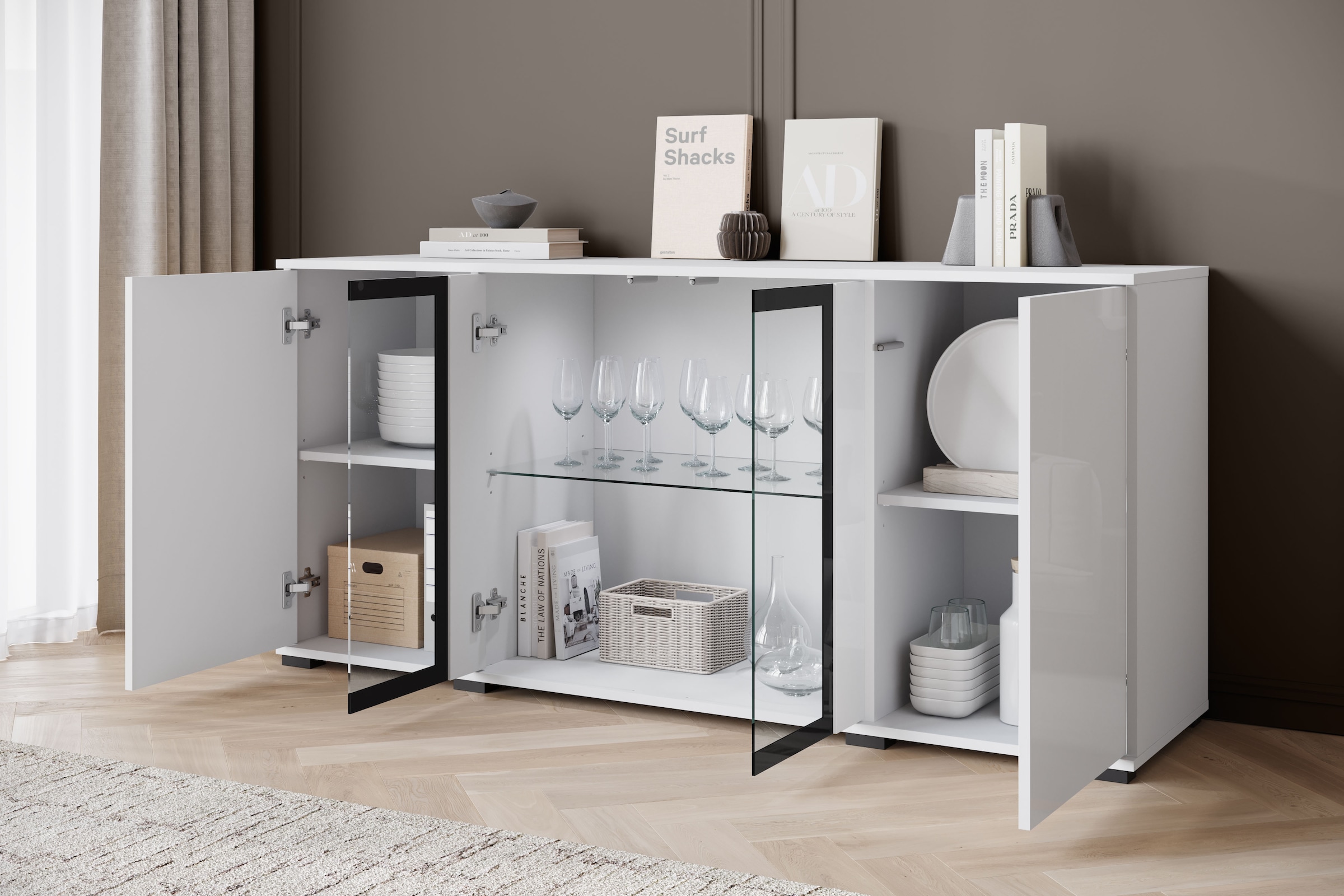 INOSIGN Sideboard »Caro, modernes Design mit Glaseinsätzen, Breite 150 cm«, (1 St.), Grifflose Fronten mit Push-to-Open, höhenverstellbare Einlegeböden