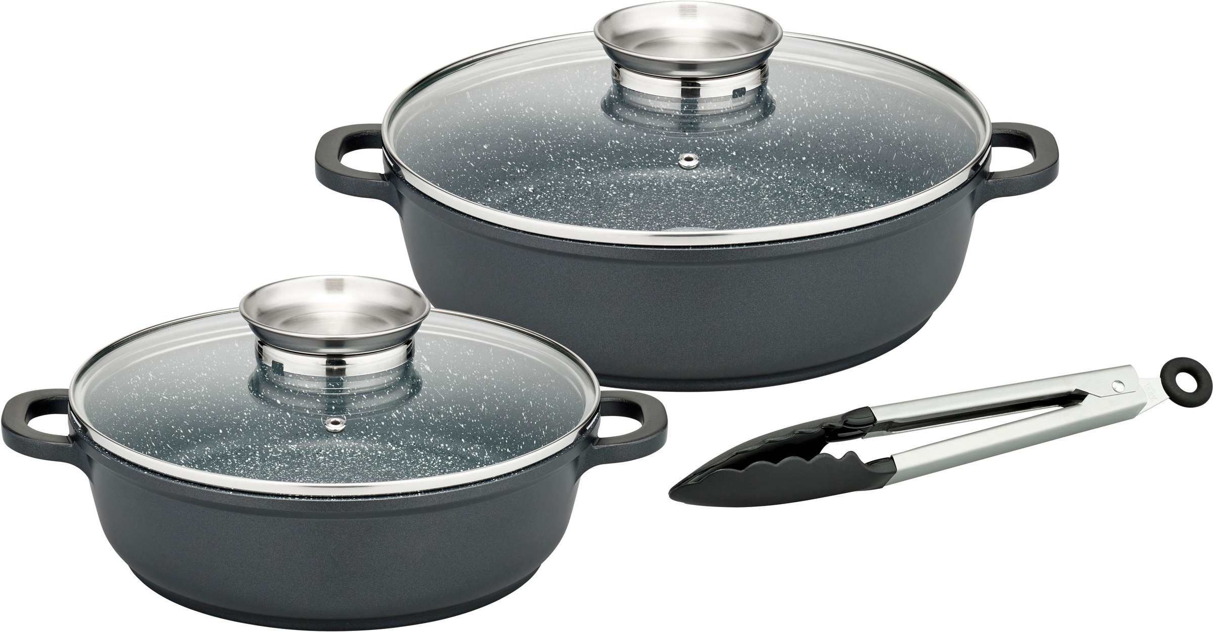 GSW Pfannen-Set "Gourmet Granit" Aluminiumguss Set, 1x Servierpfanne mit Glasdeckel 24cm, 28cm, Servierzange, 5 Stk. tlg. Aluminium-Guss, VITAFLON GRANIT Antihaft-Versiegelung, Induktion