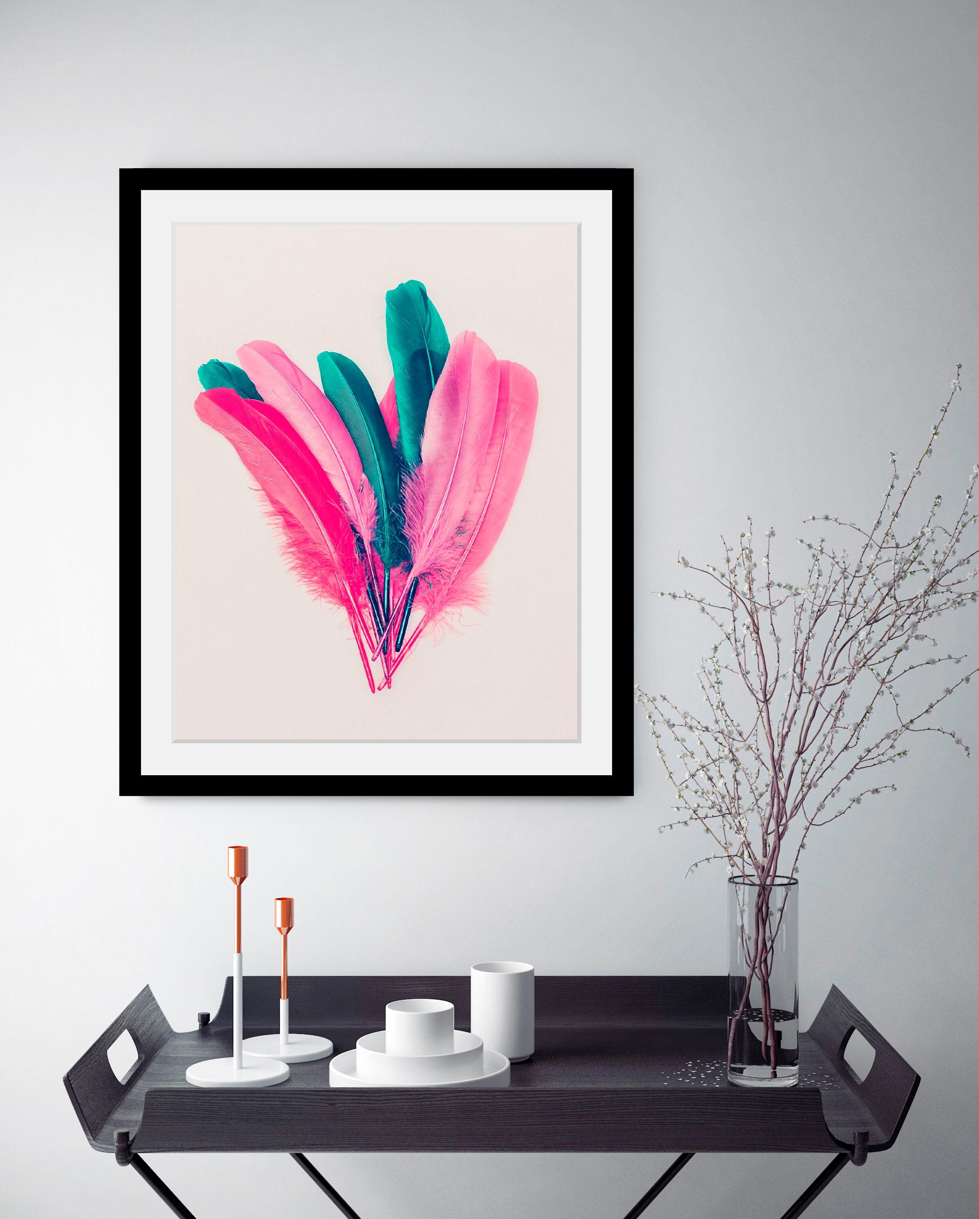 queence Bild »Federn«, Federn-Kunst, HD Premium Poster-Druck inkl. Holzrahmen