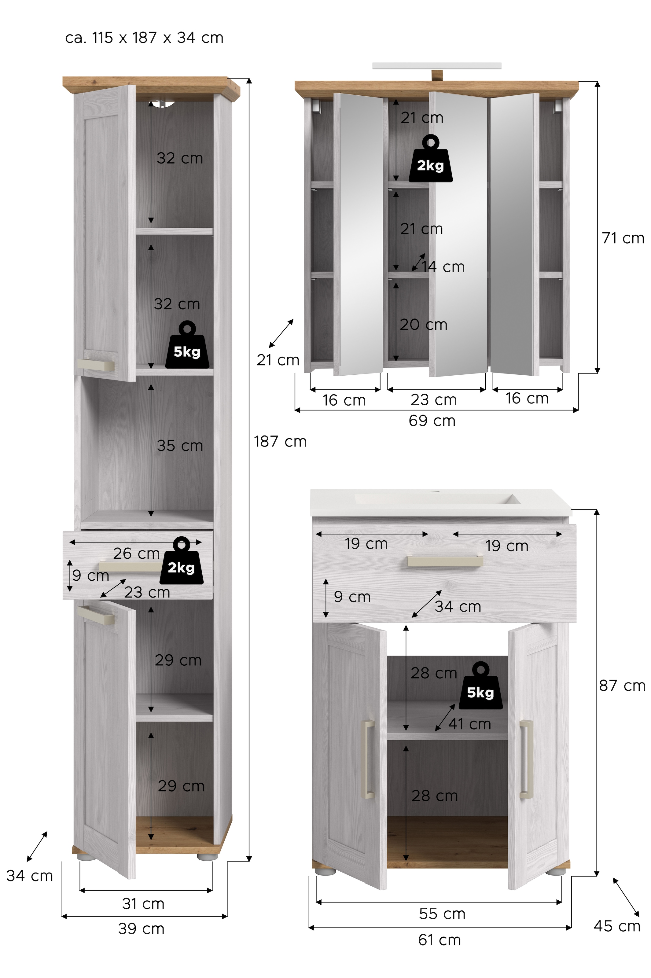 welltime Badmöbel-Set »COSENZA, 3-teilig, inkl. Beleuchtung, mit farblich abgesetztem Kranz« best.aus: Hochschrank, Waschtisch inkl. Waschbecken & Spiegelschrank, 4 Stk. tlg.
