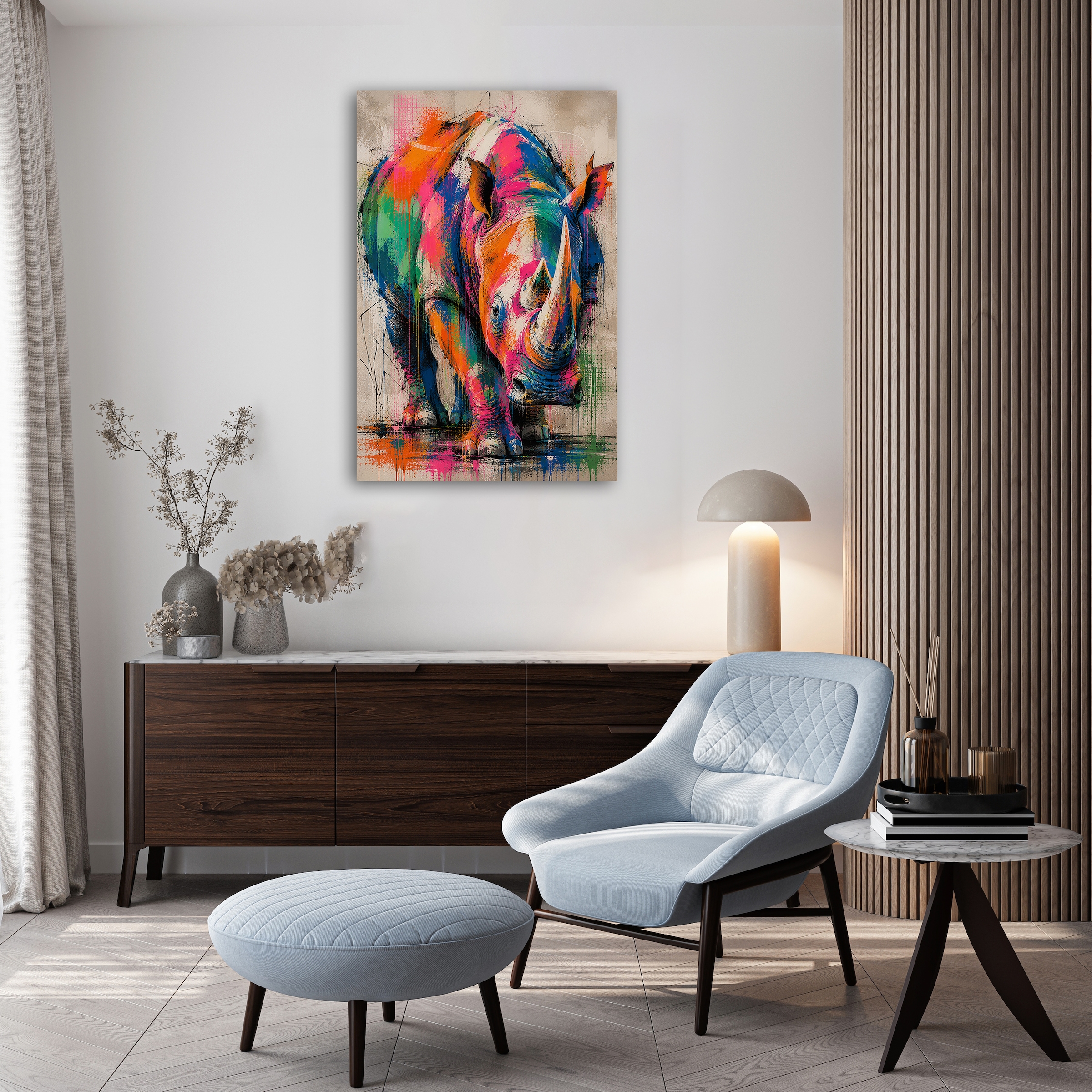 queence Acrylglasbild »Urban Art Buntes Nashorn« Abstrakt | Nashorn | Tiere 1 Stk. tlg. Wandbild Wohnzimmerdeko buntes Tiermotiv Abstrakte Kunst
