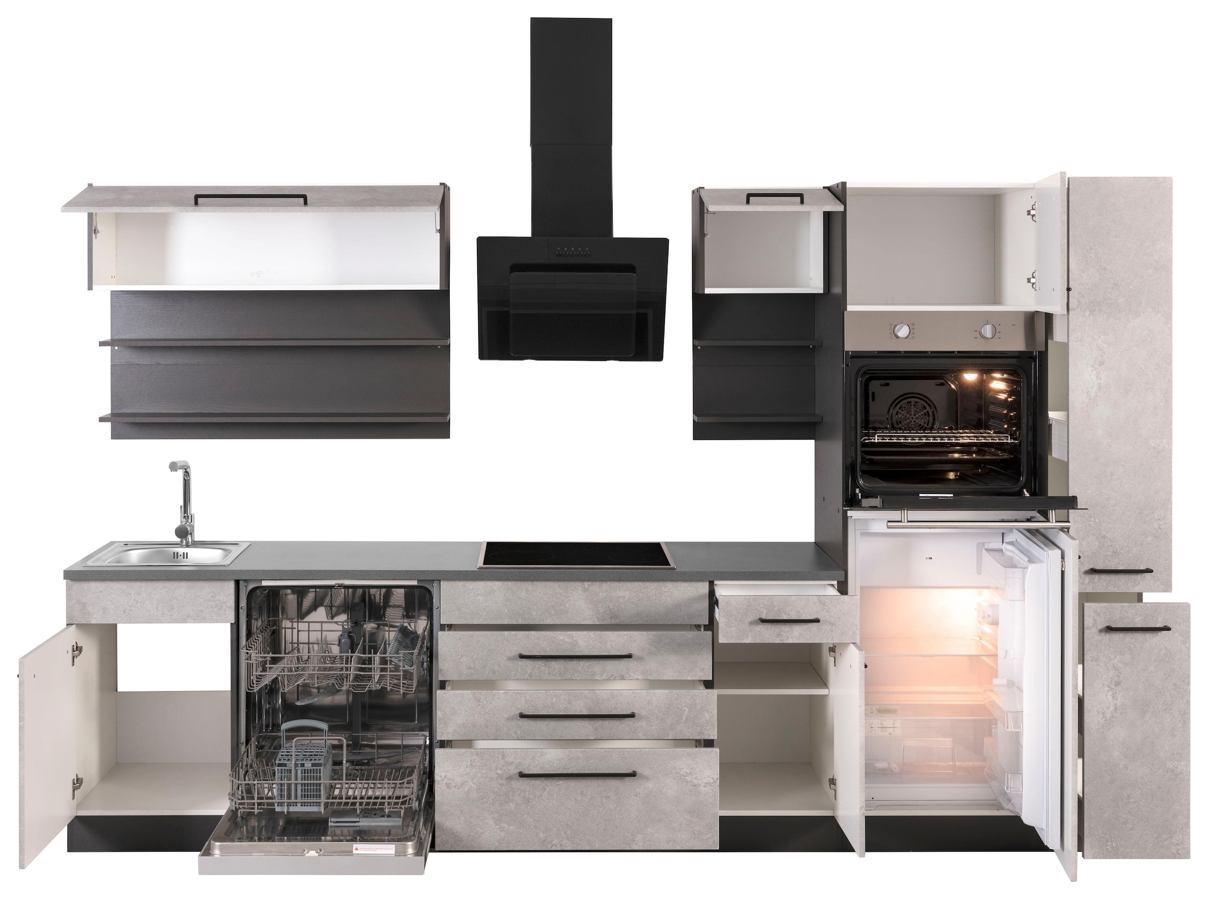KOCHSTATION Küchenzeile »KS-Tulsa«, ohne E-Geräte, Breite 320 cm, schwarze Metallgriffe, MDF Fronten