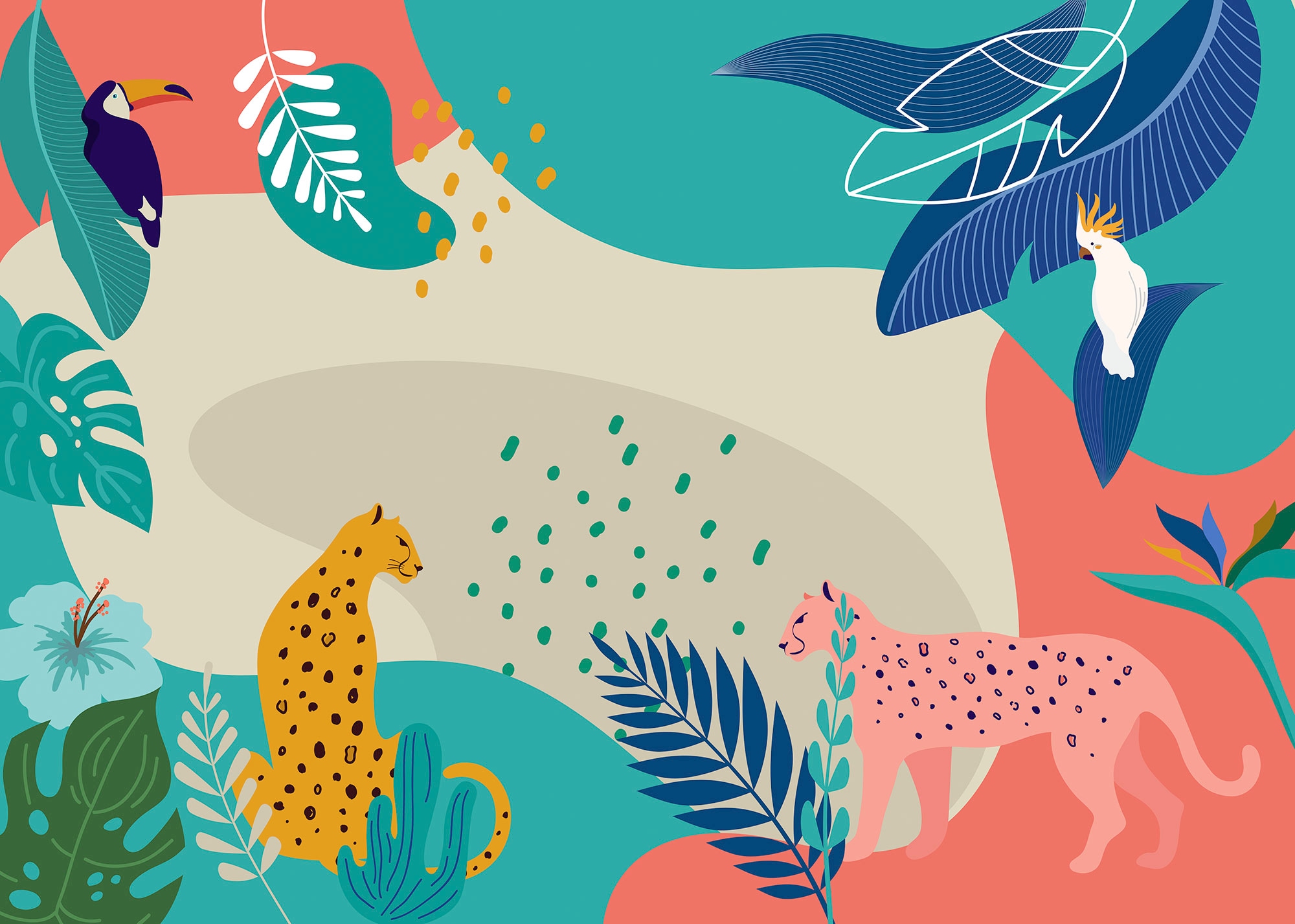 Komar Fototapete »Jungle Rendezvous«, bedruckt, 350 x 250 cm (Breite x Höhe) - Tapete, Vlies, Wohnzimmer, Schlafzimmer