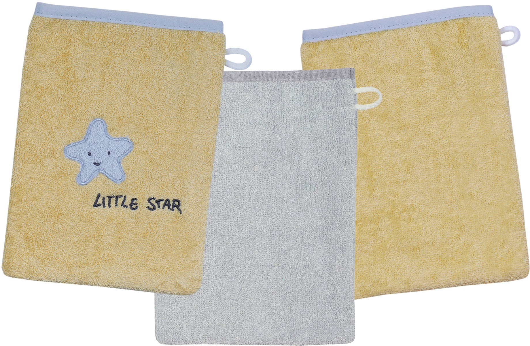Wörner Waschhandschuh »Little Star Waschhandschuh 3er Set«, (3 St.), 1x mit Stickerei Stern mit Schriftzug, 2x unifarben