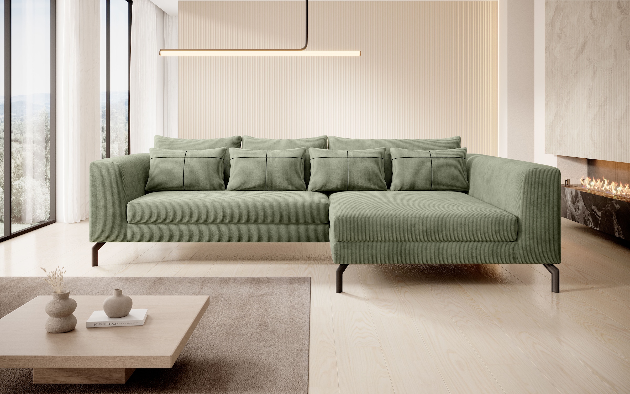 Ecksofa HOME AFFAIRE "Cross, mit softem Sitz, L-Form, wendbare Zierkissen, Breite 284 cm", grün (mayfly), B:284cm H:82cm T:172cm, 88% PES; 12% Nylon, Sofas, Ecksofa, Couch mit vielen Kissen, stylische Kreuznaht, elegante Metallfüße