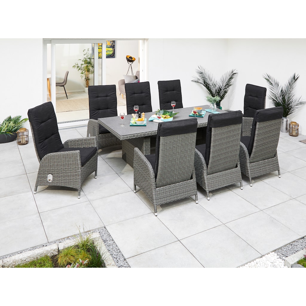 KONIFERA Garten-Essgruppe »Brisbane«, (Set, 17 tlg., inkl. Auflagen, 8x Sessel, 1x Tisch 225x100x75, Aluminium/Polyrattan,), Rückenlehnen verstellbar, Tischplatte aus Stone-Spray-Glas