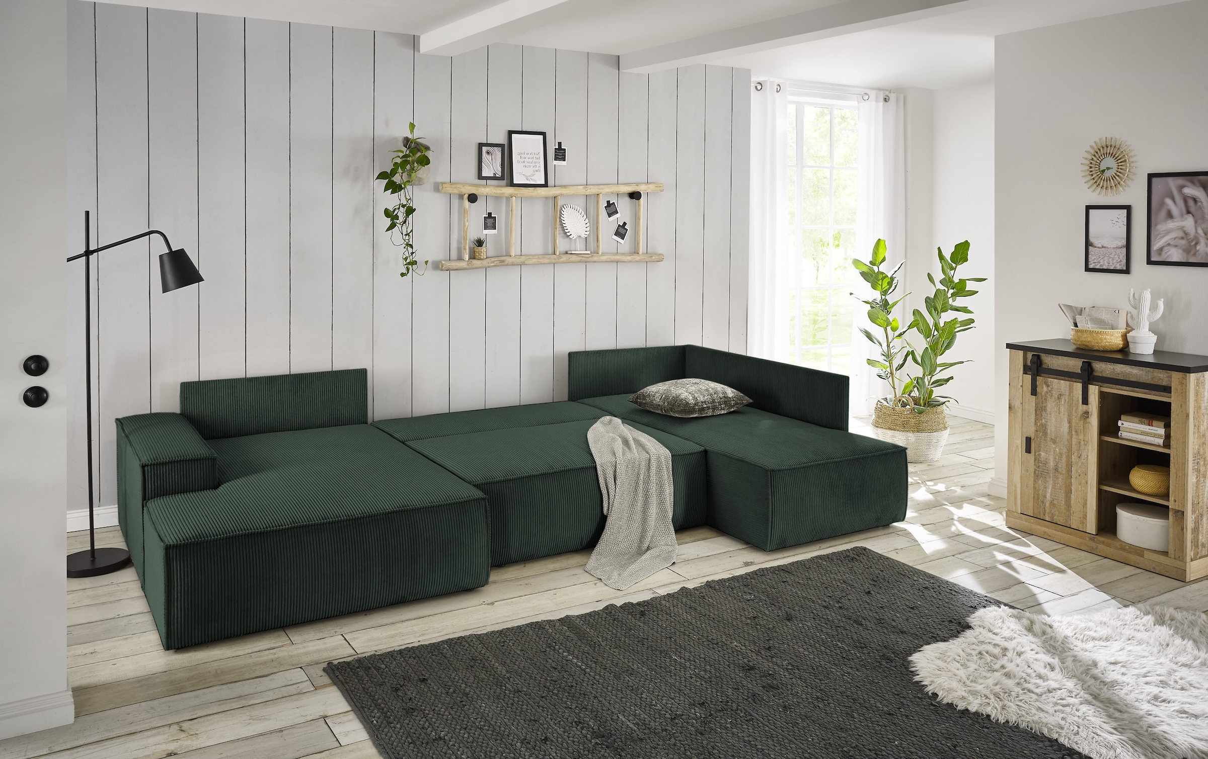 Home affaire Wohnlandschaft »SHERWOOD 329 cm, U-Form, Schlafsofa,«, Schlaffunktion m. Bettkasten (194x139 cm), Cord, Vintage, Samtvelours
