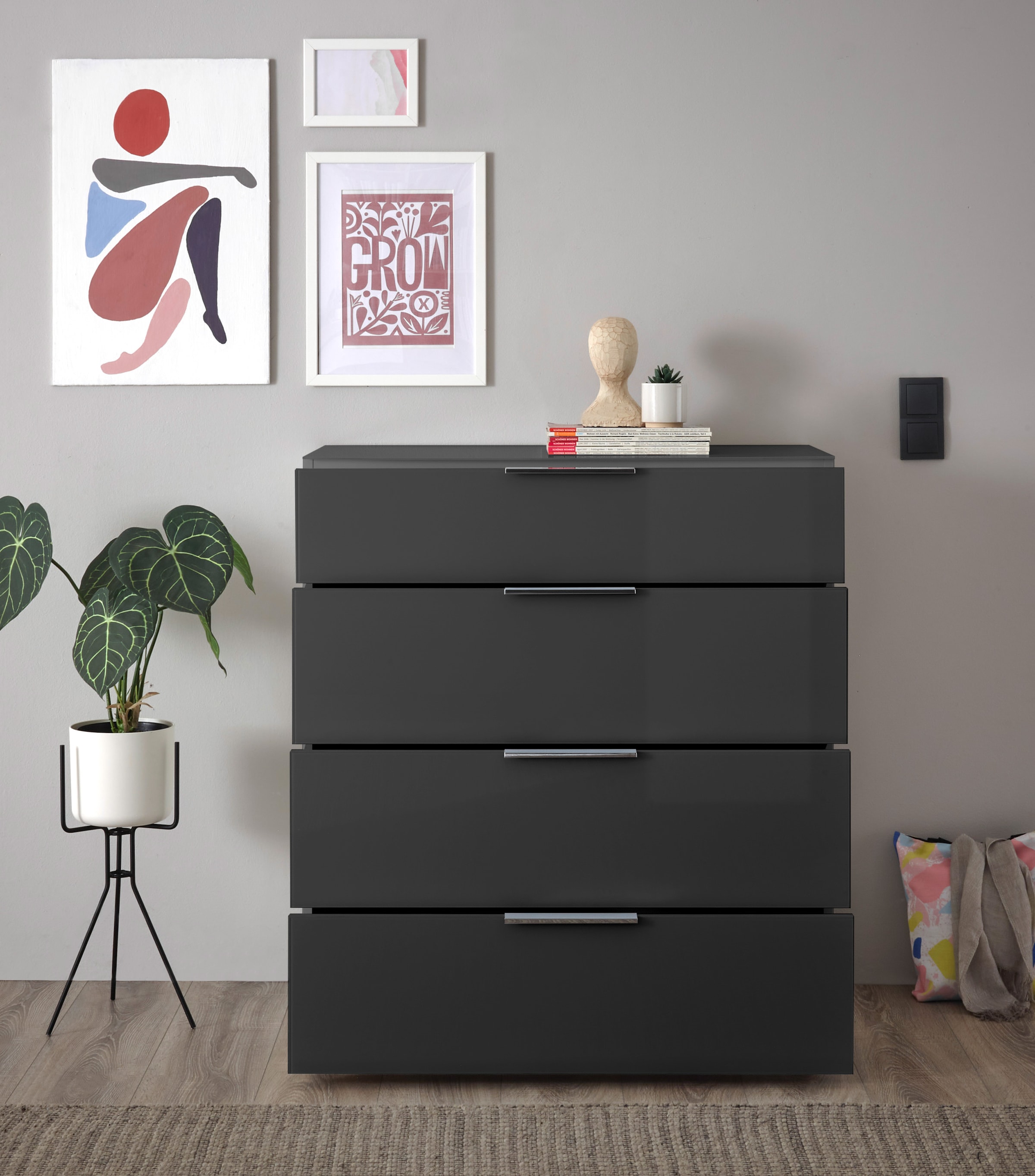 HBZ Kommode »Santorin Mehrzweckschrank mit Schubkästen, BxHxT 90x99x40 cm«, (1 St.), Mit 4 Schubkästen mit Softclose, Glasfront und Glasoberboden