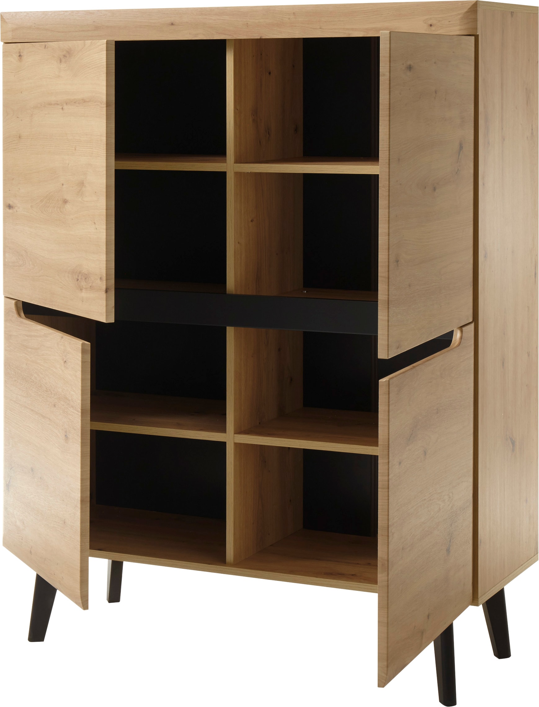 INOSIGN Highboard »Torge, Kommode, Schrank, Sideboard, Anrichte, Mehrzweckschrank«, (1 St.), abgeschrägte Füße, drei Farben, Scandi Design, 107 cm breit