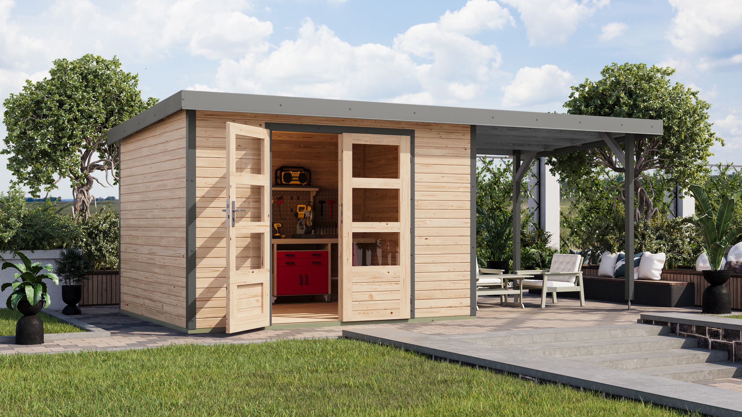 Karibu Gartenhaus ""Jupiter 5 A" SET naturbelassen, mit Anbaudach 2,35 m br günstig online kaufen