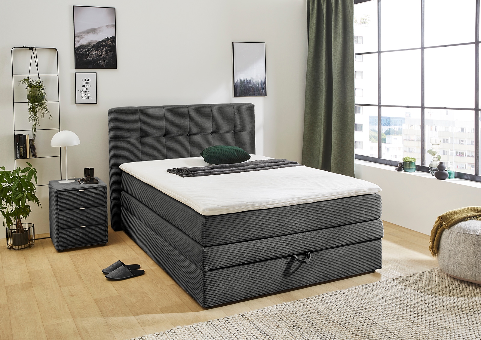 Jockenhöfer Gruppe Boxspringbett "AMY mit Bettkasten, inkl. Bonnell- oder Taschenfederkernmatratze H2-H4" mit 6 cm Kaltschaum-Topper, Cord-Bezug, 120x200 und 140x200 cm