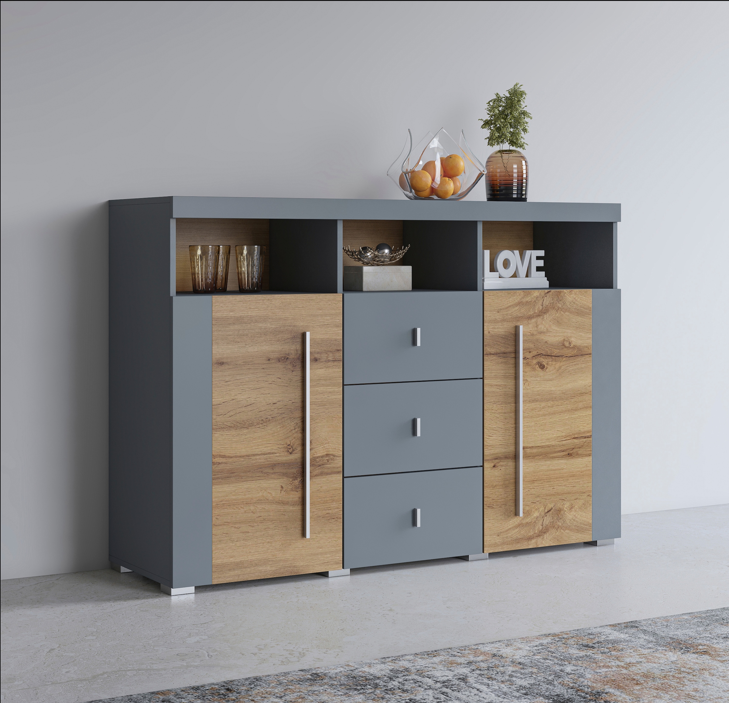 INOSIGN Sideboard "Roger,Breite 132cm, stilvolle Schrank, 2 Holztüren 3 Schubladen", Kommode mit viel Stauraum, Einlegeb