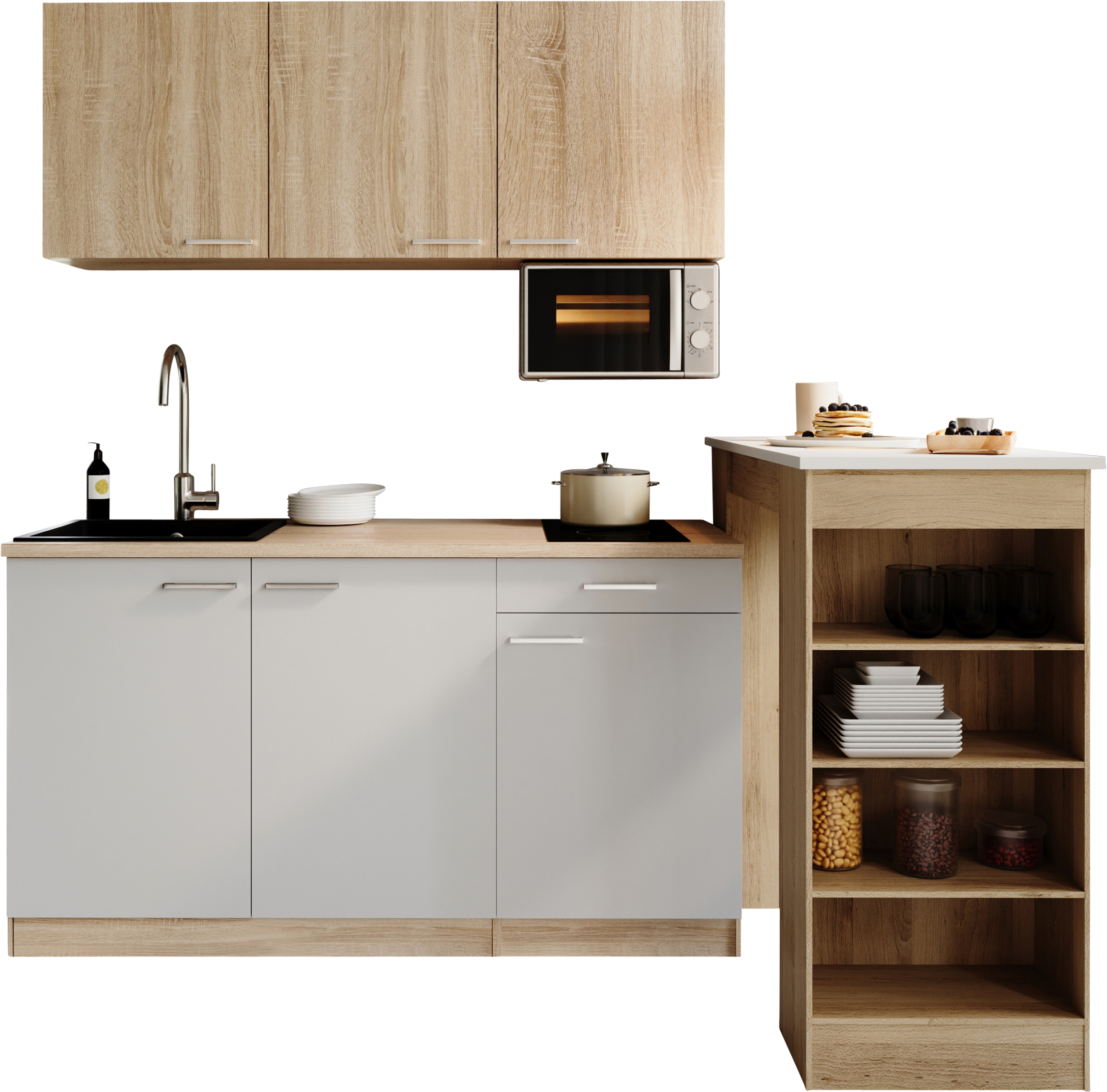 RESPEKTA Pantryküche "Ingrid, inkl. Tresentisch und Mikrowelle" zerlegt, wahlweise mit Kühlschrank, Soft-Close-Funktion, Breite 150 cm