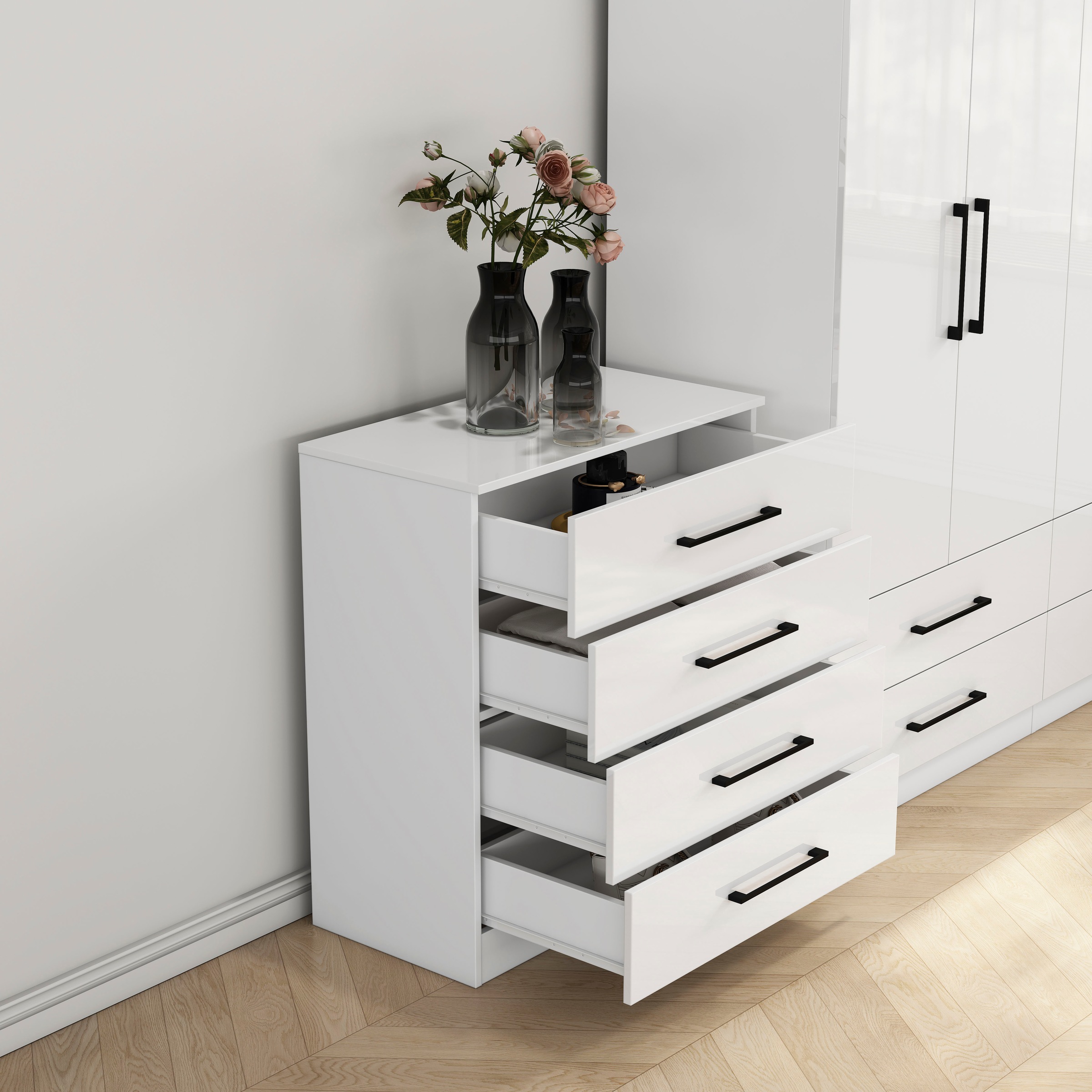OTTO home Schubkastenkommode »Sylt Schlafzimmerkommode Kommode Wäscheschrank Bestseller«, (1 St., Viel Stauraum im Schlafzimmer mit hochglänzenden Fronten), Beistellschrank mit 4 Schubladen