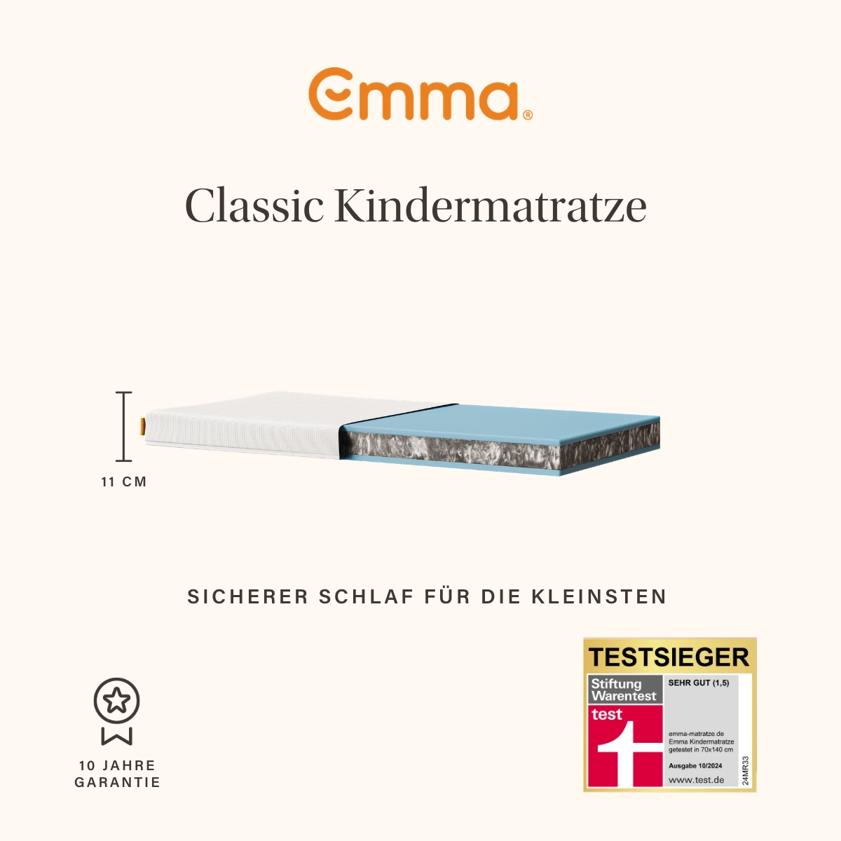 Emma Kindermatratze "Emma Kindermatratze, atmungsaktiv & waschbar bei 60C" 11 cm hoch Raumgewicht: 36 kg/m³ 1-tlg., 1 Stk. tlg. 60 x 120cm & 70 x140cm, Stiftung Warentest " SEHR GUT (1,5)" getestet