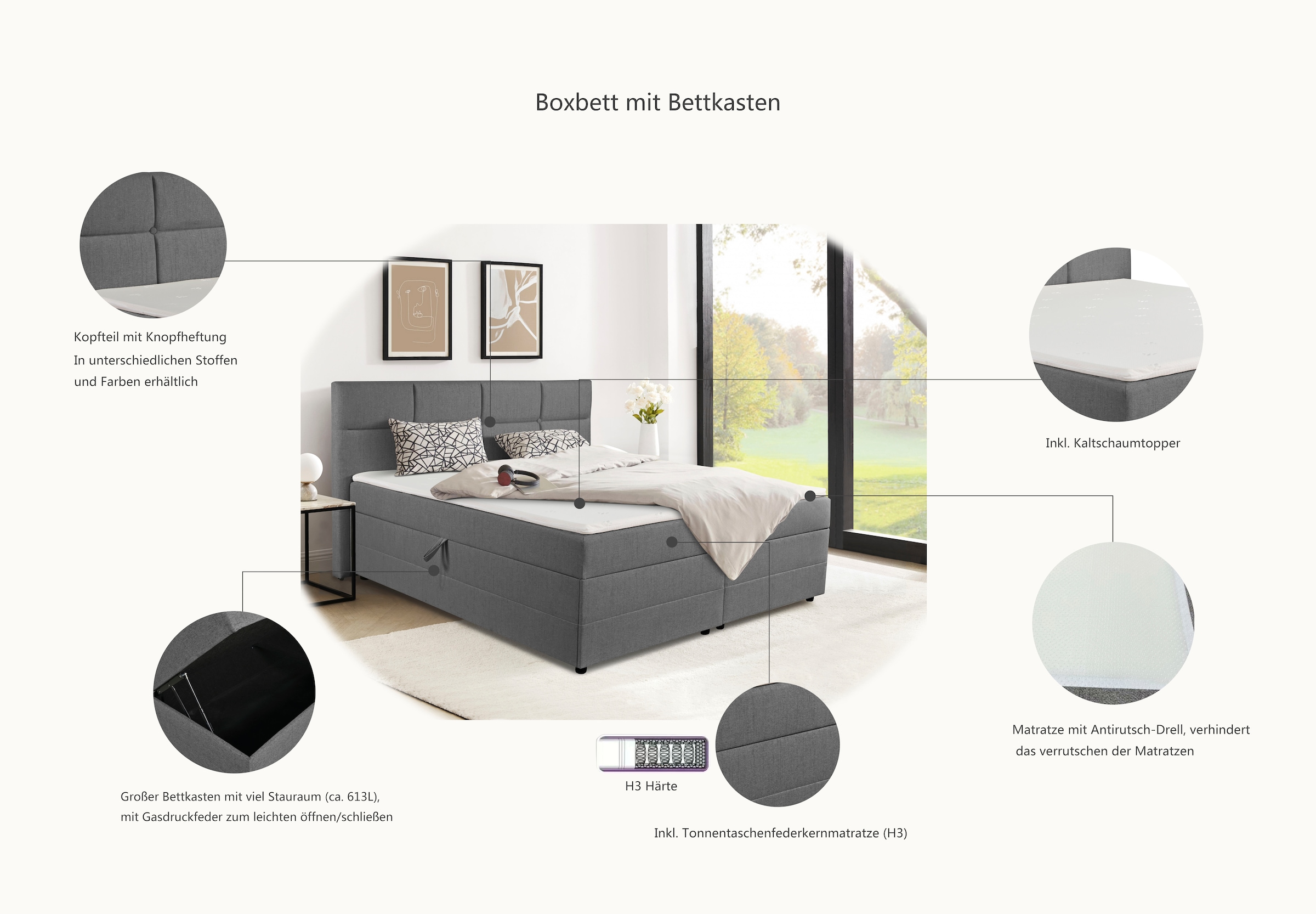 INOSIGN Boxbett »Fillmore inkl. Bettkasten, Liegefläche 180x200 cm, in Boxspring-Optik«, inkl. Topper, erhältlich in verschiedenen Farben