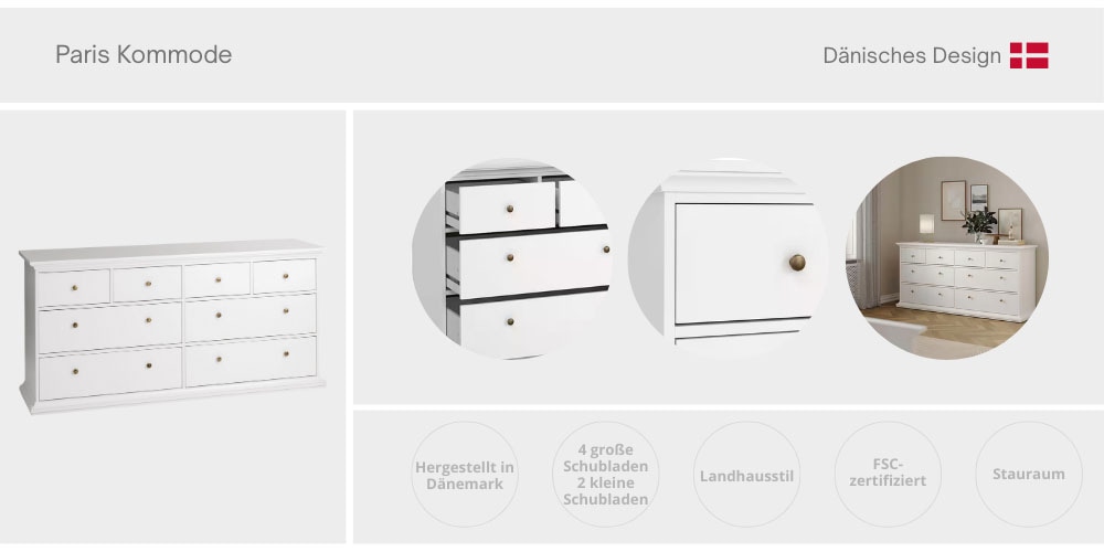 Home affaire Kommode »Paris, Aufbewahrung, Schubladenschrank, Stauraum, mit 8 Schubladen«, Landhausstil, Elegant, geräumig, Breite 184 cm, Höhe 87 cm
