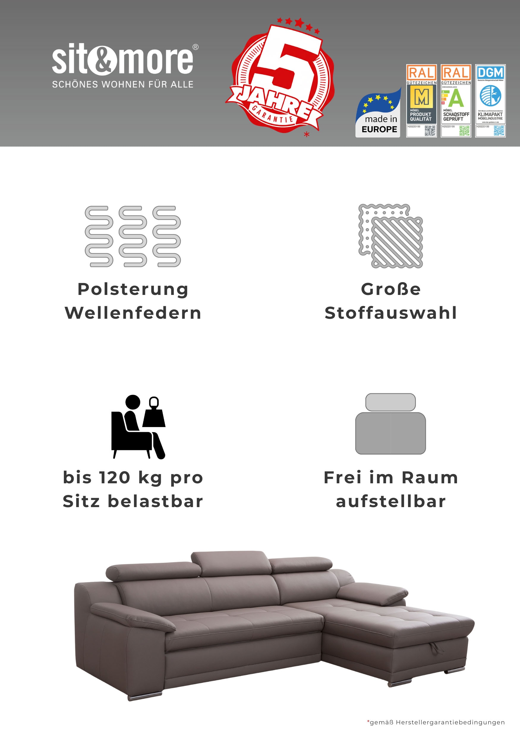 sit&more Ecksofa »Andiamo L-Form« wahlweise mit Schlaffunktion, inklusive Kopfteilverstellung