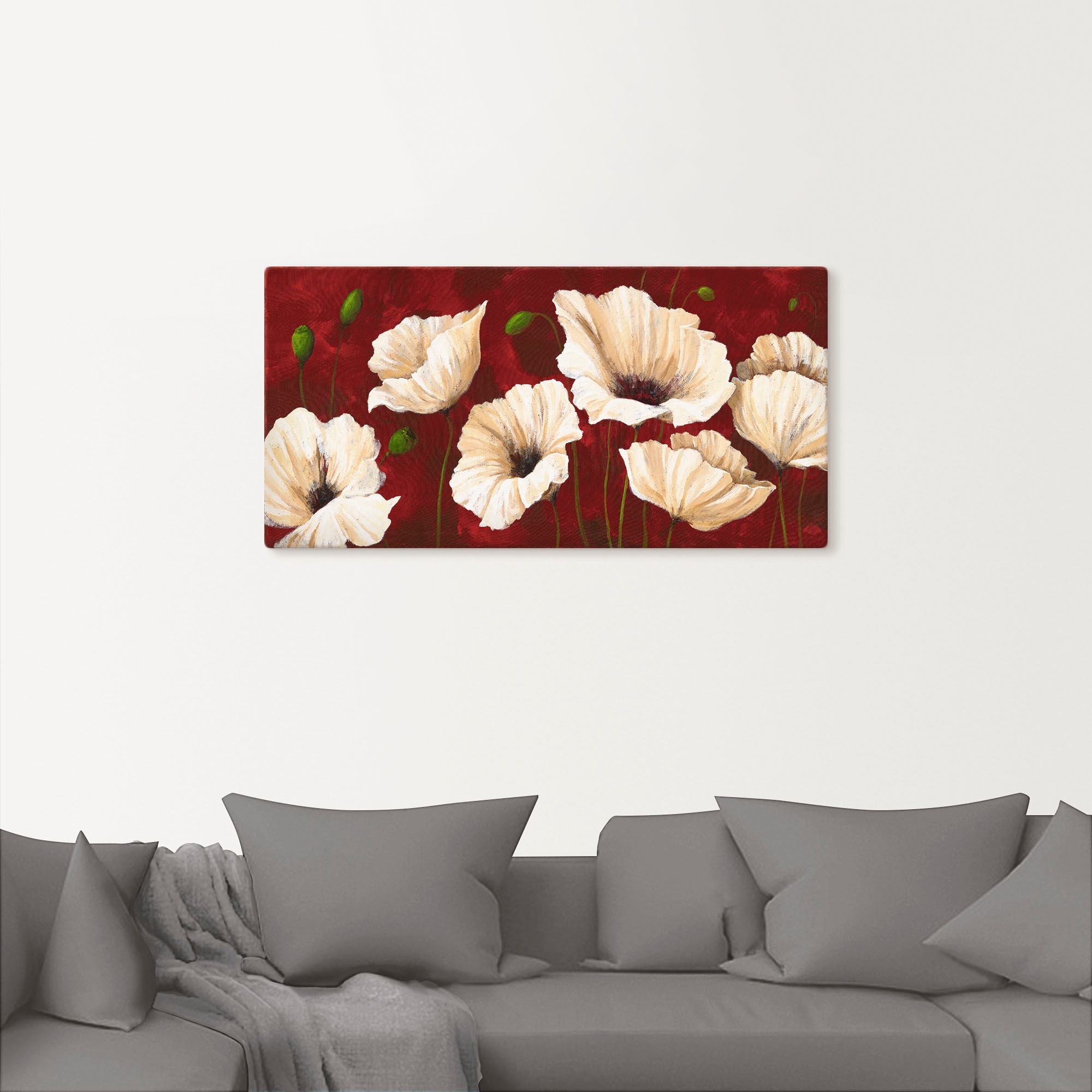 Artland Wandbild »Weiße Mohnblumen vor rot«, Blumen, (1 St.), als Alubild, Outdoorbild, Leinwandbild, Poster, Wandaufkleber