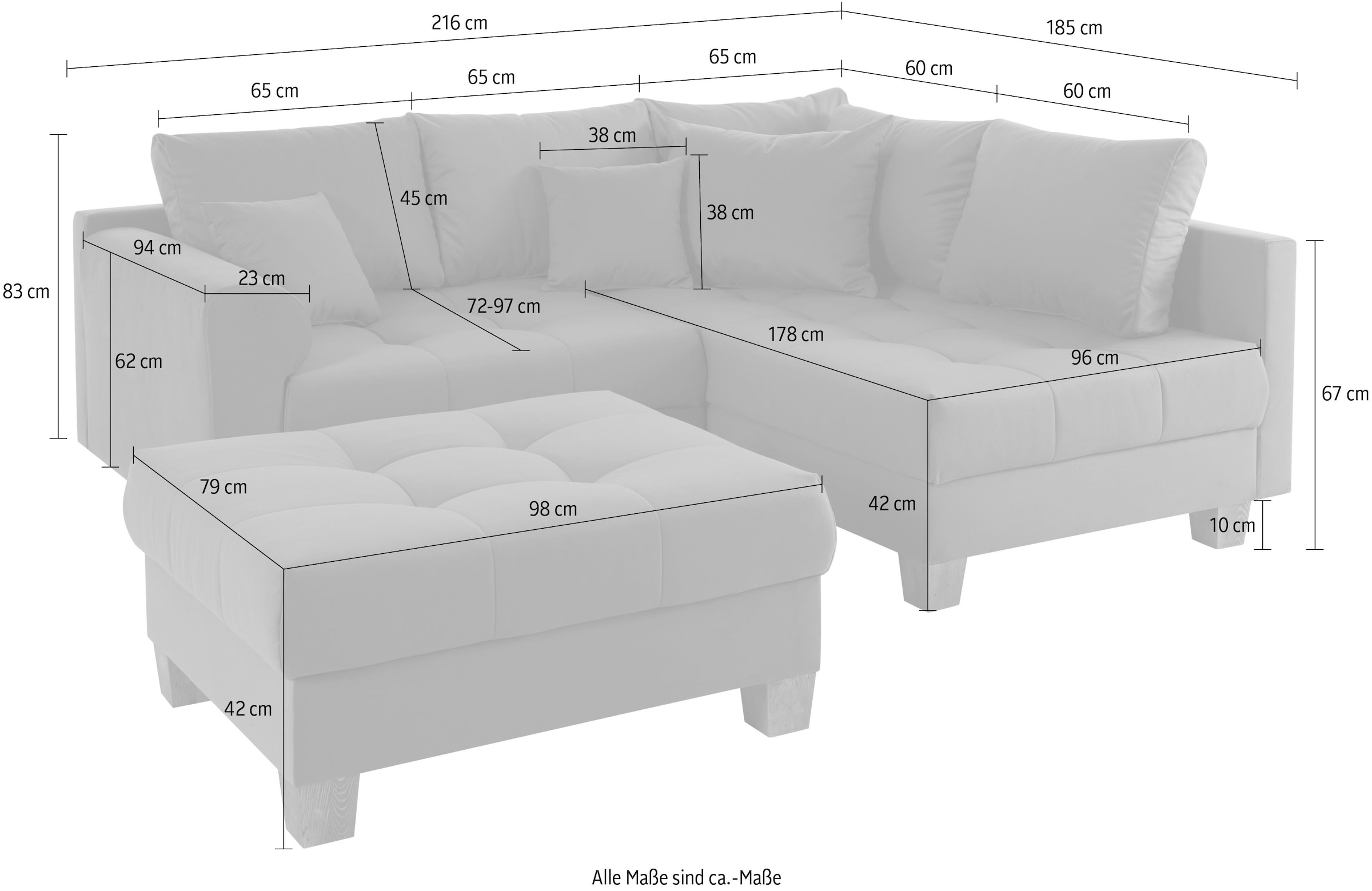 Home affaire Ecksofa »Rice L-Form inkl. Hocker«, (Set, mit Hocker), mit Bonnellfederkern, Hocker & Kissen, Ottomane beidseitig montierbar
