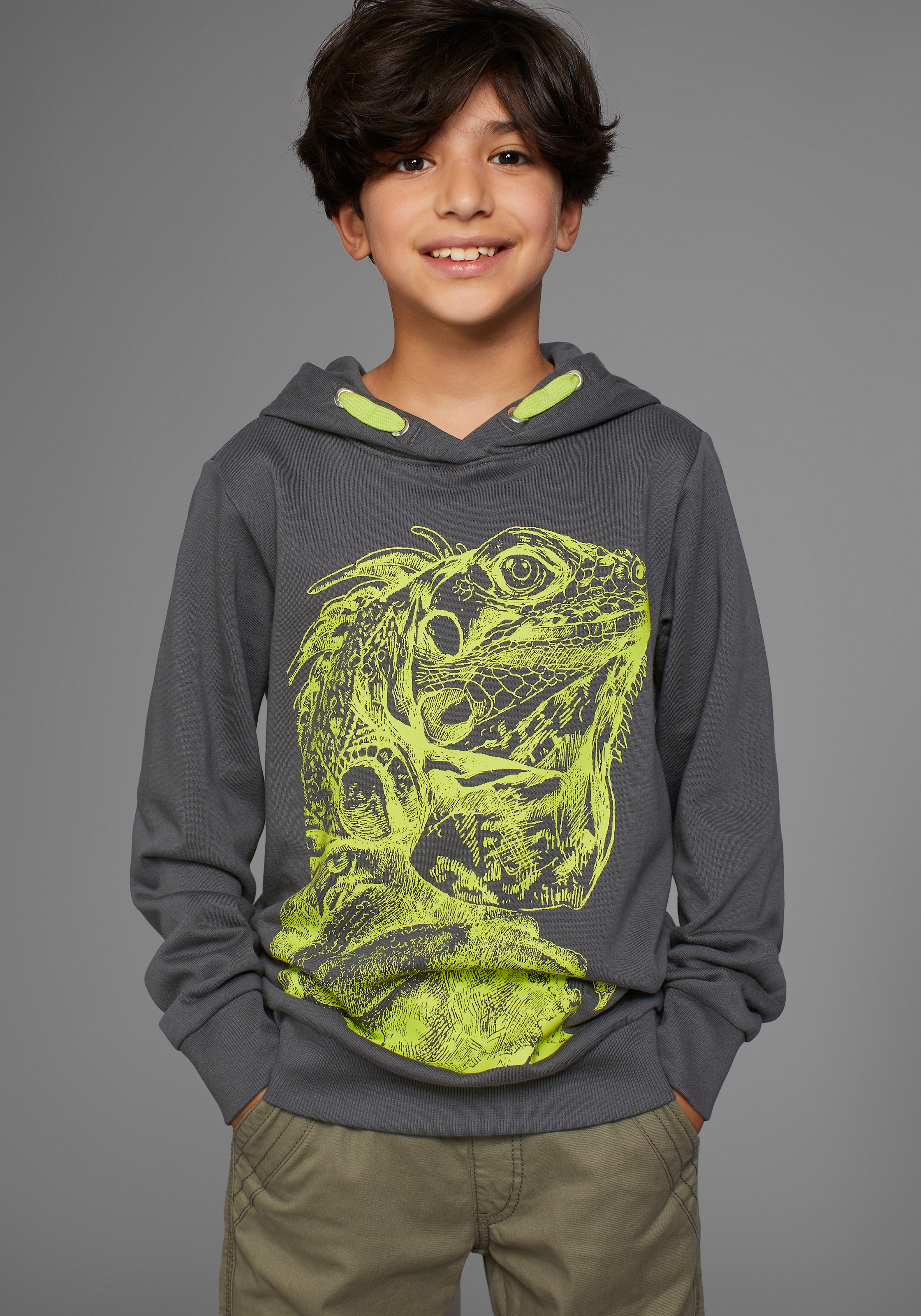 Kidsworld Herren Anthrazit Kapuzensweatshirt "Gecko - Print" Cooles Tiermotiv erhältlich in Größe 128/134/140/146/152/158/164/170/176/182 von Baur