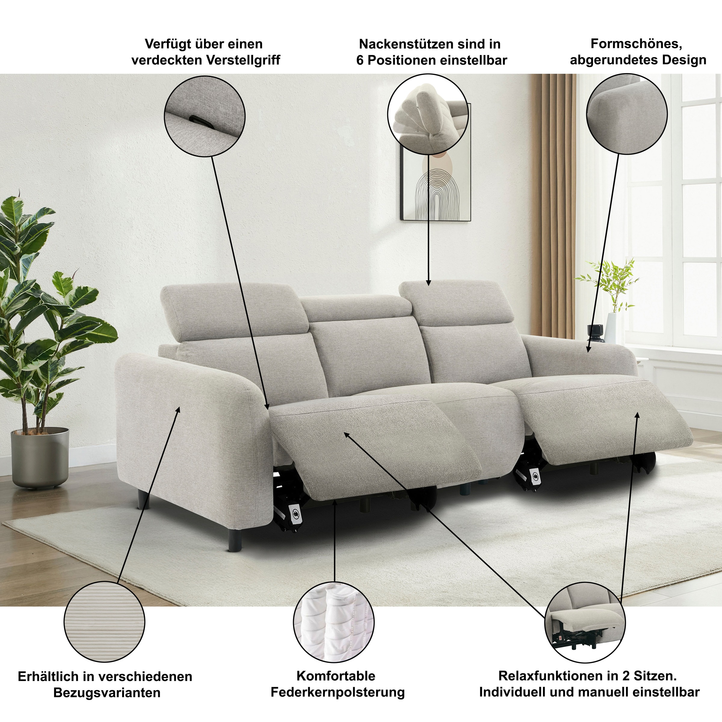 Thumbnail - Home affaire 3-Sitzer "SKAANE in Cord, Sofa mit manueller u. elektrischer Relaxfunktion" Relax-Funktion in 2 Sitzen, Kop...