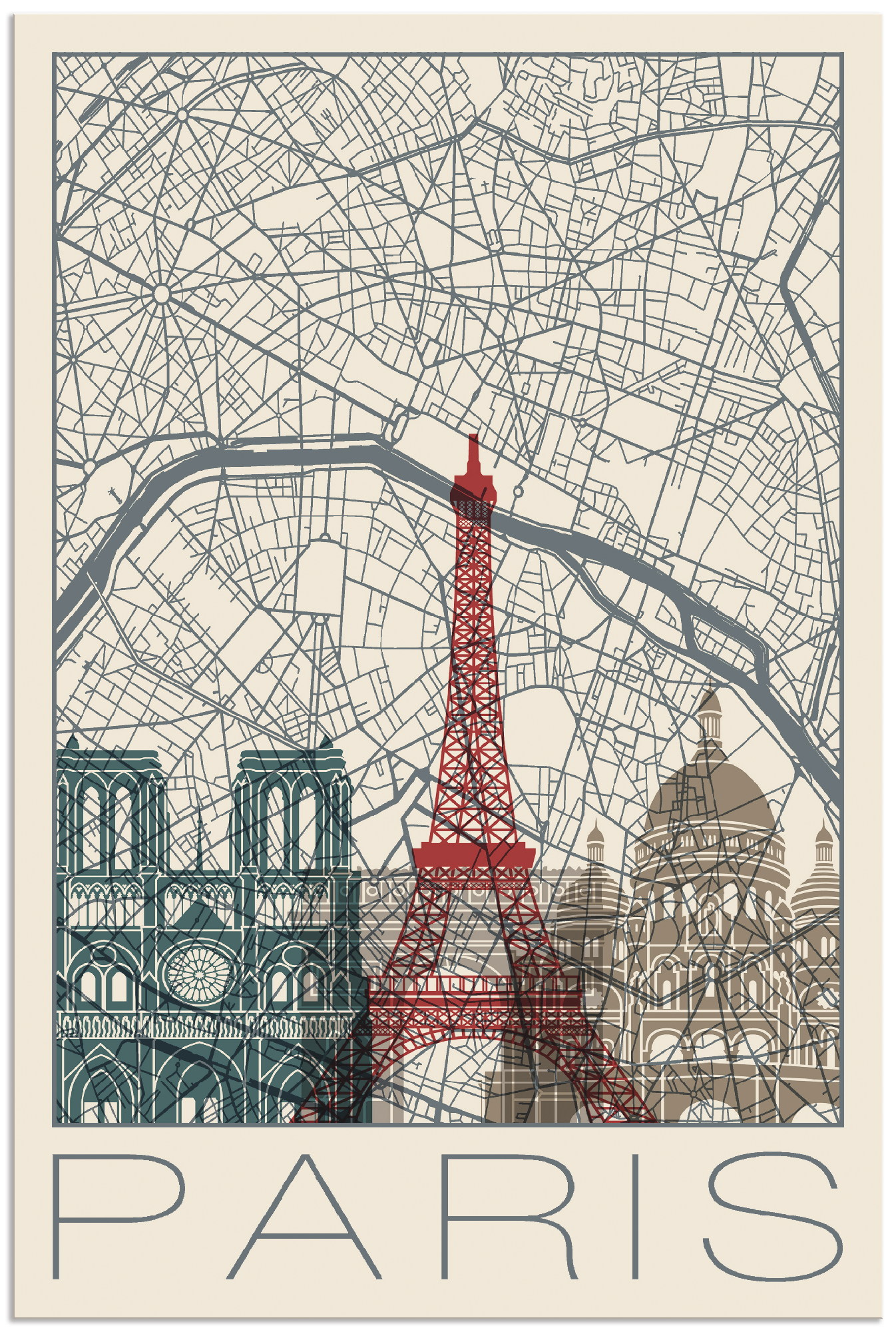 Artland Wandbild "Retro Karte Paris Frankreich und Skyline" Frankreich 1 Stk. tlg. als Alubild, Poster in verschied. Größen